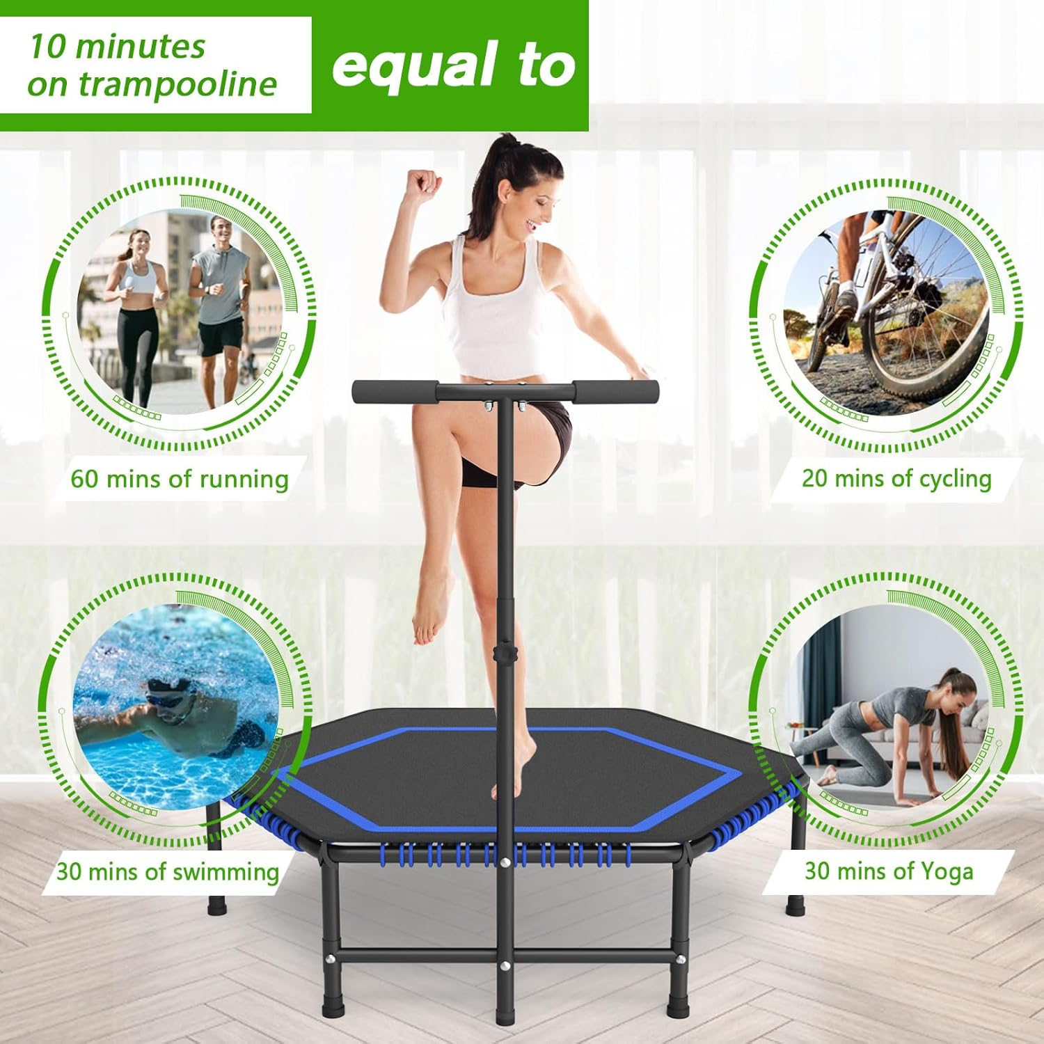 50" Hexagon Rebounder Trampoline for Adults Max Load 330Lbs Fitness Trampoline with 6 Heights Adjustable Handle Bar Silent Trampoline Bungee Rebounder Jumping for Adults with Safety Padded Cover image number 1