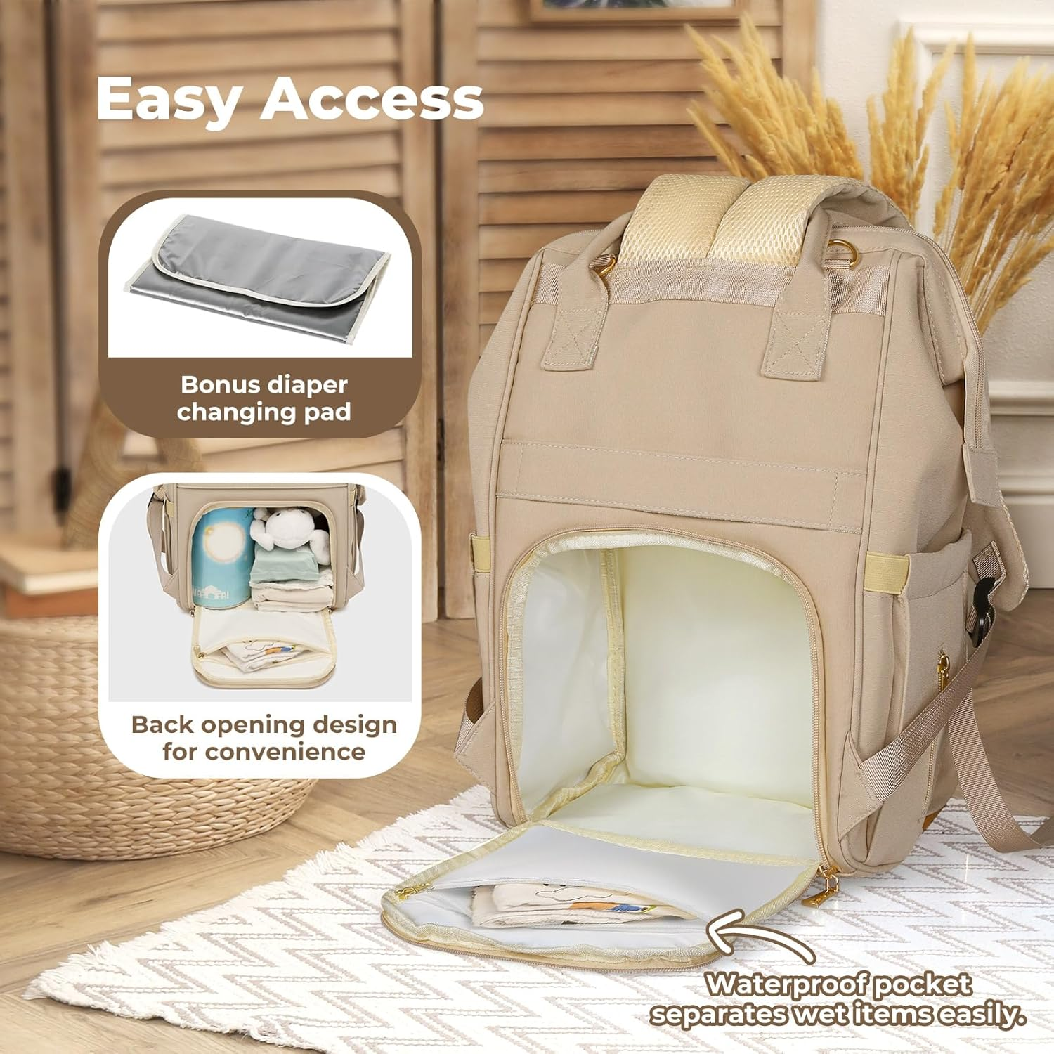 Bopeep Nappy Changing Bag, Multifunctional Waterproof Travel Diaper Bag Backpack with Diaper Changing Pad Baby Care Bag with Stroller Straps Baby Stuff Travel Backpack image number 6