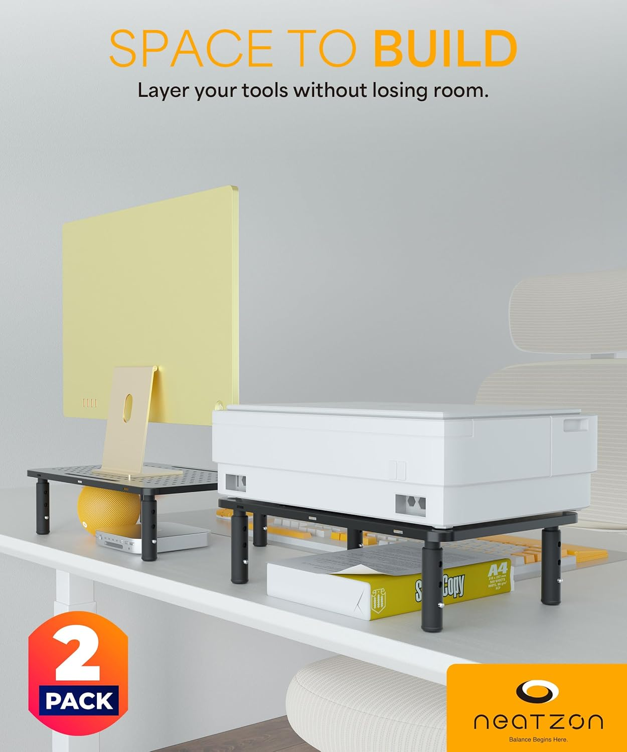 Neatzon Universal Monitor Stand 2 Pack &ndash; 3-Height Adjustable Desktop Riser for Screens, Laptops, and Storage, 6 Cable Management Ties, Easy Assembly, NZ-STAND-01 image number 3