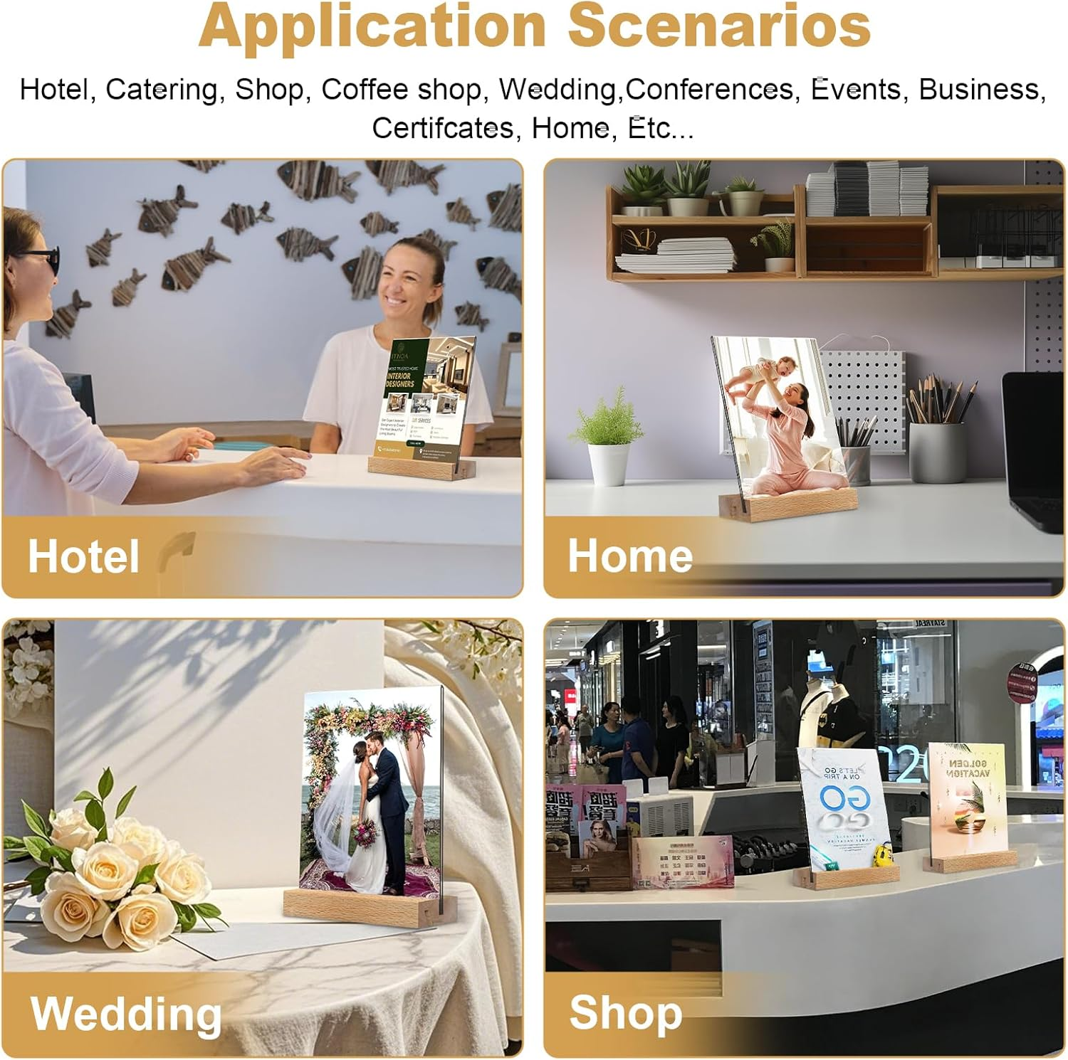 3 Pack Acrylic Sign Holder&ndash; Double-Sided Tabletop Display Stand with Wooden Base, Vertical & Slant Back &ndash; Perfect for Wedding Menus, Table Numbers, Restaurants, Retail, Office, Vendor Booth, QR Codes image number 4