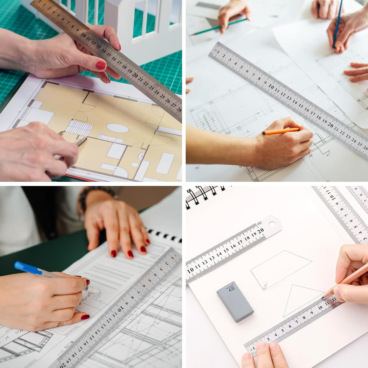 Stainless Steel Ruler, Metal Ruler Set of 4 15Cm 20Cm 30Cm 40Cm with Double Scale Edge, Measuring Tool Metal Steel Ruler, for Home School Office Daily Use, with Inch and Metric Graduation image number 1