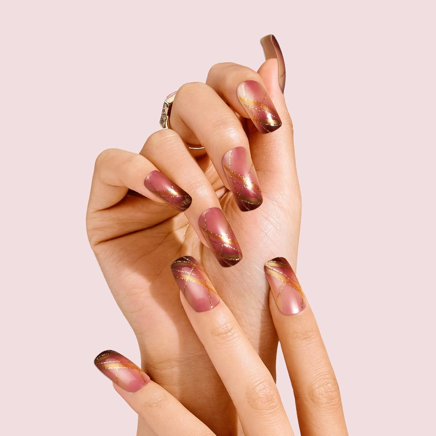 KISS Gold Finger Gel Glam Press on Nail Dark Brown Glitter French Full Cover Luxurious Design, Square Shape, Medium Length, Mini Glue Included Gf64 image number 3