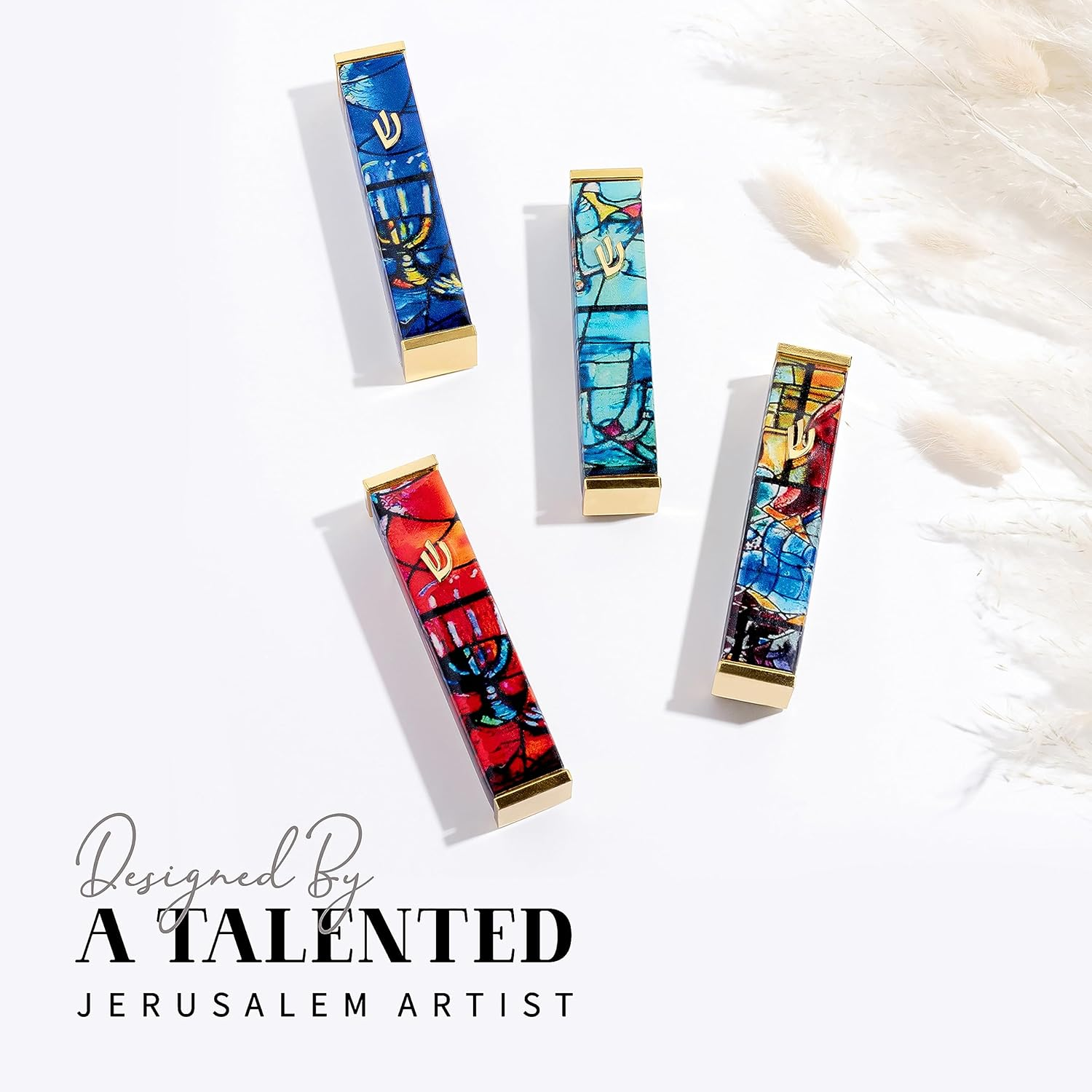 SURI Mezuzah for Door with Printed Scroll inside | 4" Modern Mezuzah Case with Yellow Chagall Design, 24K Gold-Plated Aluminum | Jewish Gift from Israel, Includes Adhesive - Blue  Gold image number 5