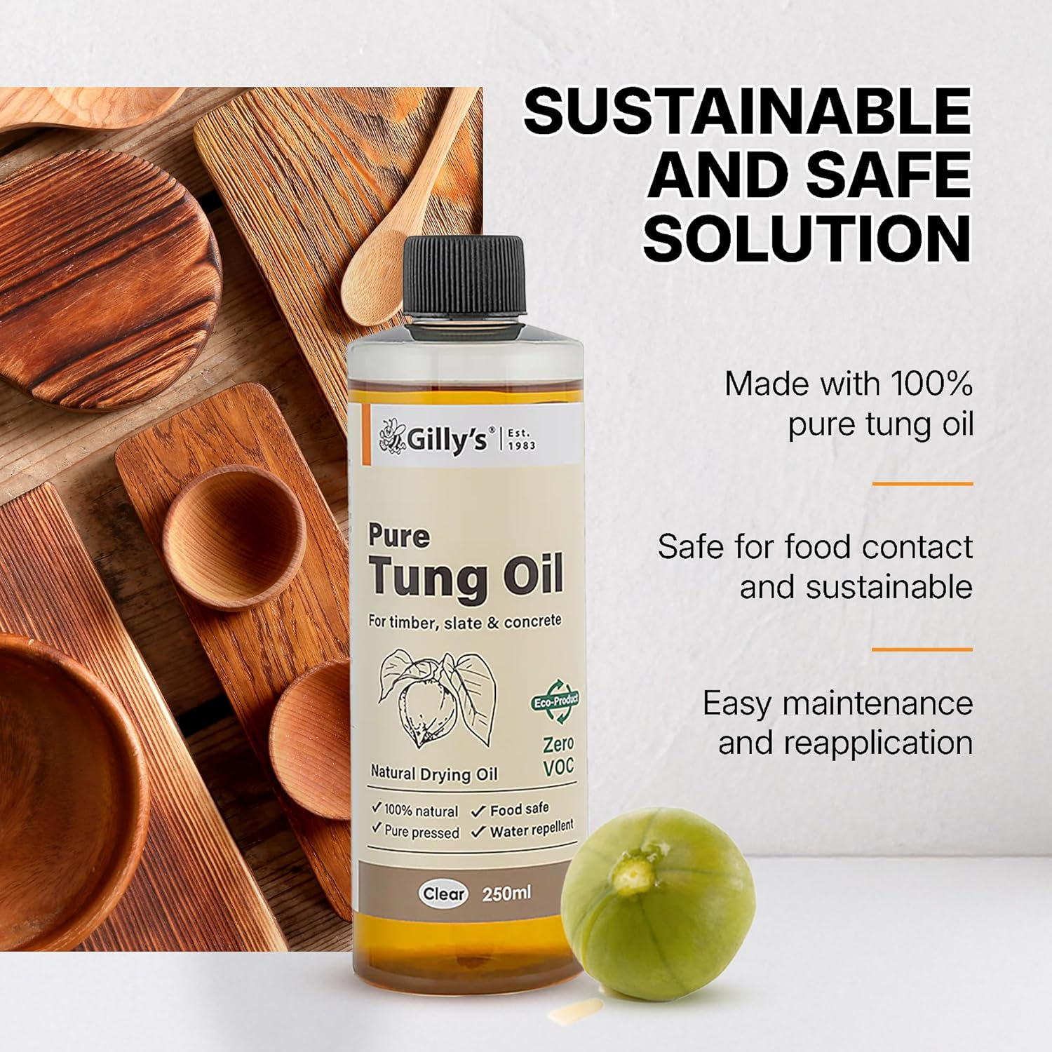 Gilly&rsquo;S Pure Tung Oil 250Ml | Seals & Protects, Food Safe for Non-Toxic Application, Indoor/Outdoor Furniture, Timber, Woodworking & Kitchen Surfaces | Natural, No Additives or Petrochemicals image number 5