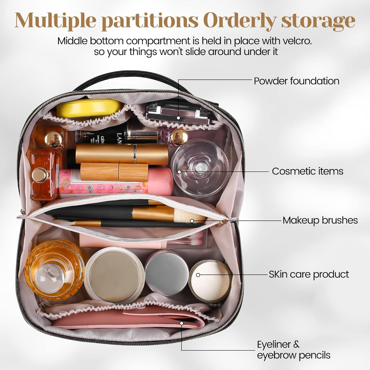 SFXULIX Large Capacity Travel Cosmetic Bag - Makeup Bag, PU Leather Waterproof Cosmetic Bag, Women Portable Travel Makeup Bag with Handle and Divider Flat Lay Makeup Organizer Bag, Black, Fashion image number 3