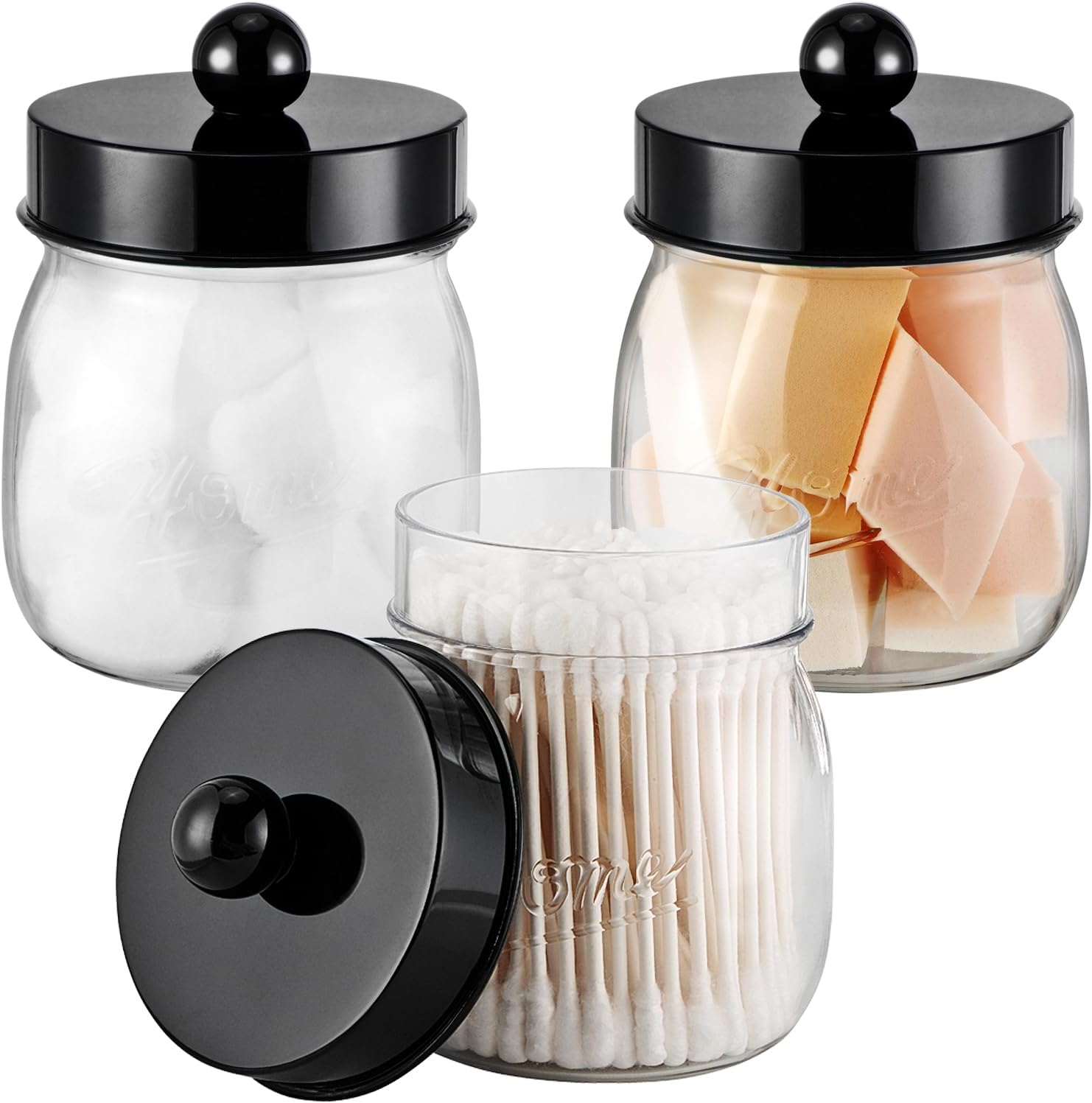 Sheechung 3 Pack Qtip Holder Bathroom Jar Set, Apothecary Mason Jar for Bathroom Vanity Home Storage Organizer, Qtip Dispenser for Cotton Swabs, Floss Picks, Farmhouse/Home Decor (Black)