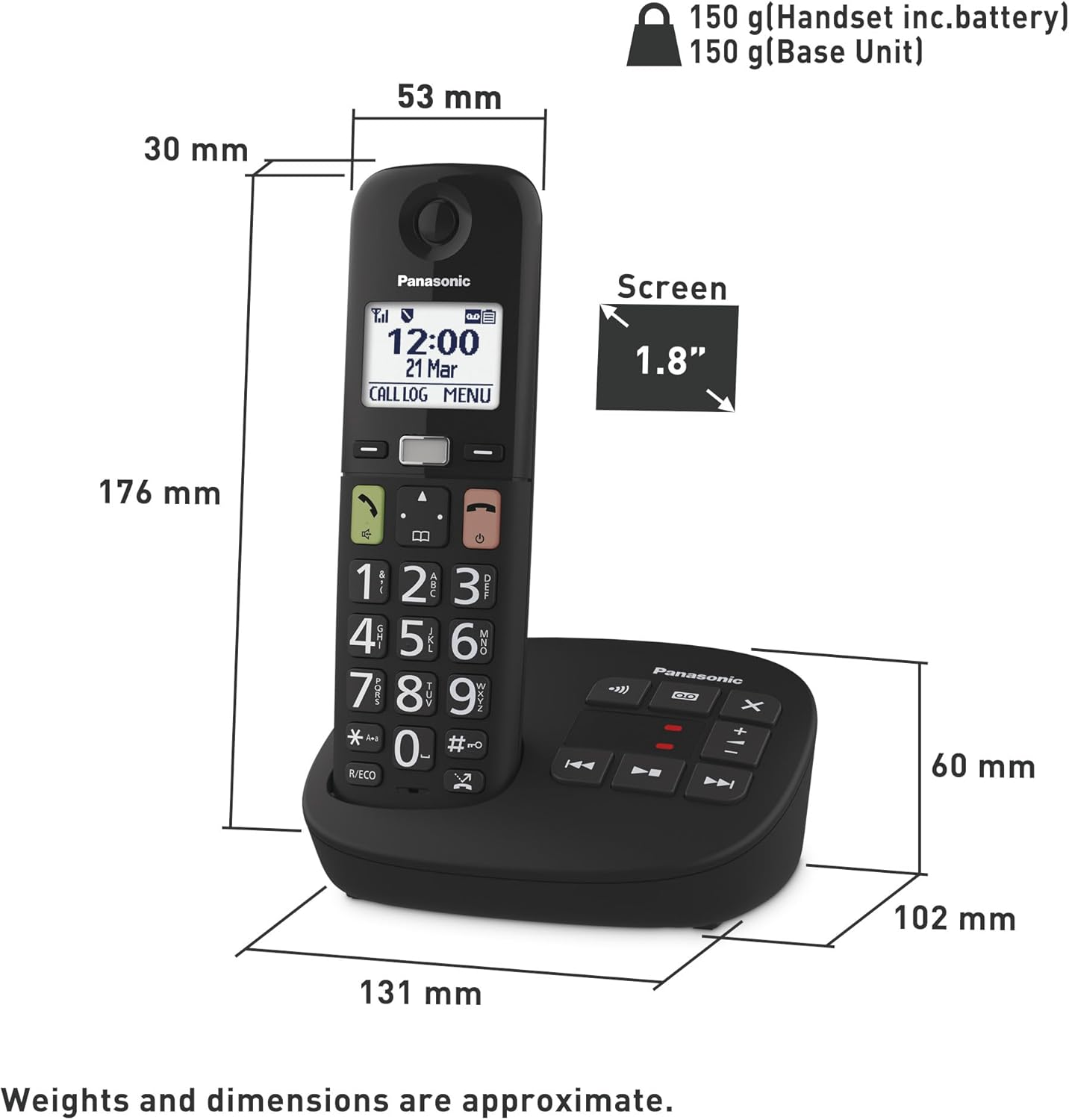 Panasonic Digital Cordless Phone with Answering Machine, Large Buttons, Hearing Aid Compatibility, Black, (KX-TGU120AZB) image number 3