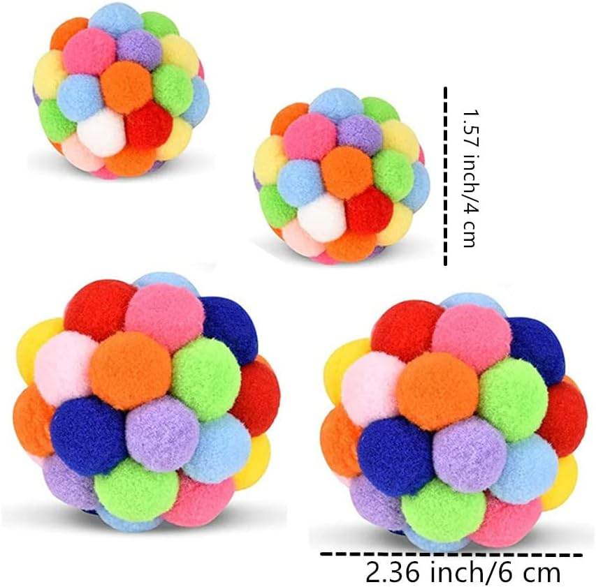 4 Pack Cat Toy Balls with Bell,Cat Toys Pom Pom Balls Soft, Colorful Soft Fuzzy Balls Built-In Bell for Cats, Interactive Playing Chewing Toys for Indoor Cats and Kittens(2 Sizes)