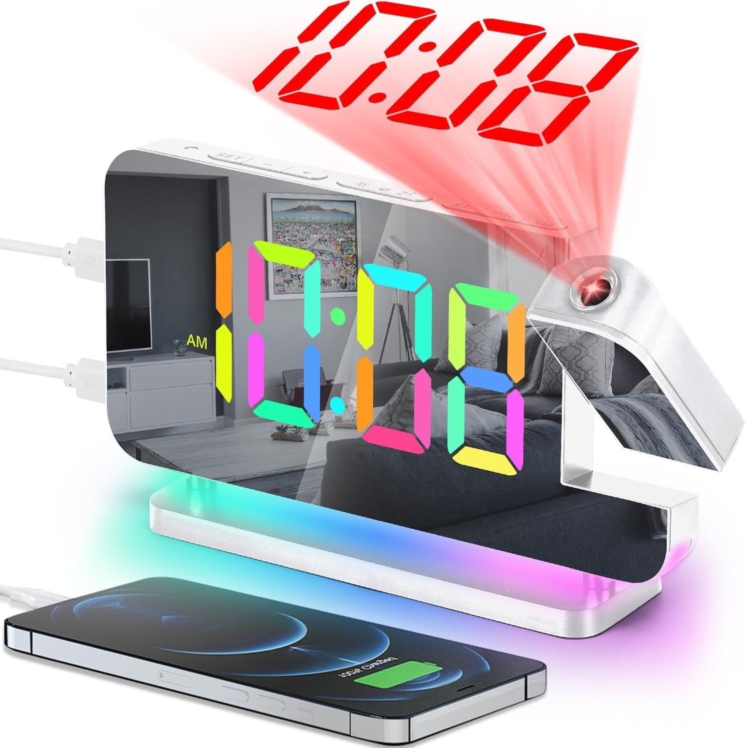 Projection Alarm Clock,7.4" LED Mirror Digital Clocks Large Display,With 180&deg; Rotatable Projector,Rgb Night Light,Usb C Port,Auto Dimmer (White)