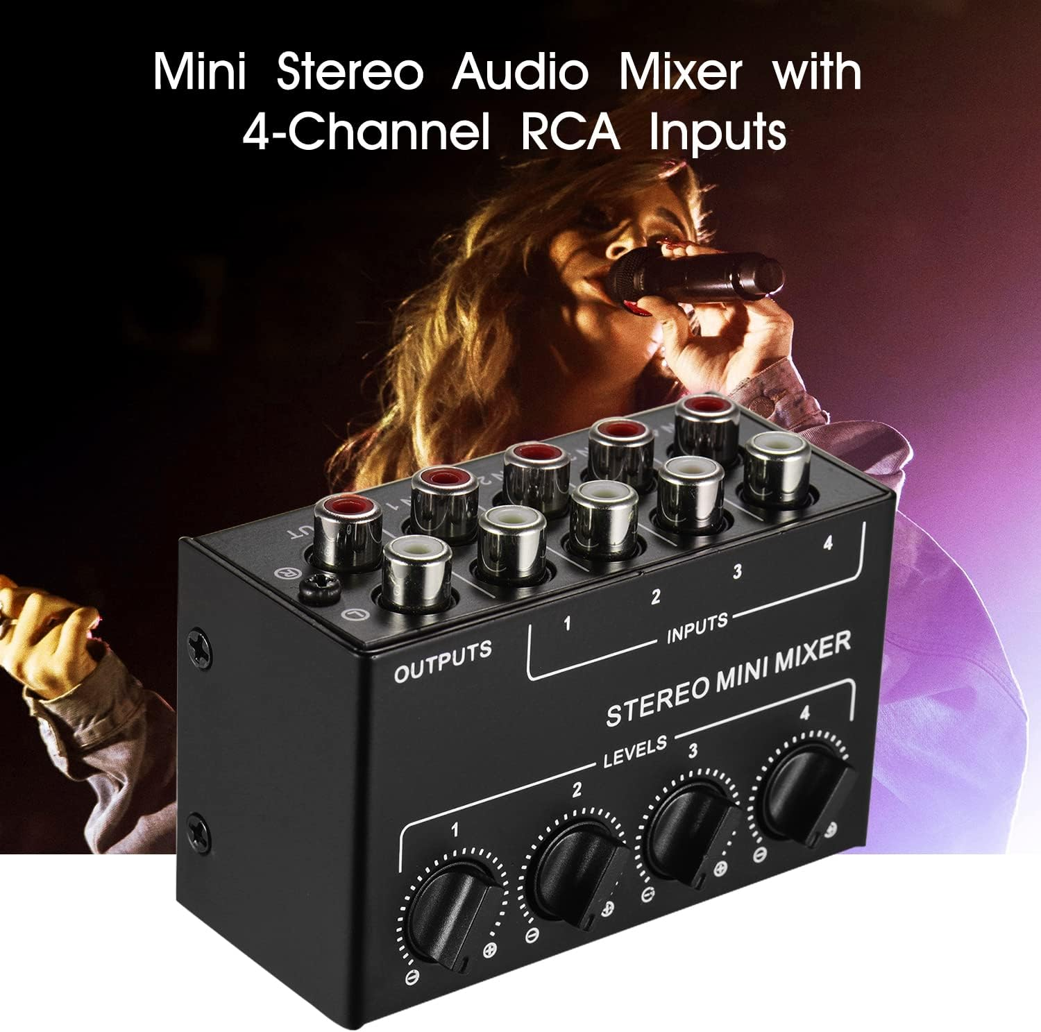 Stereo Mini Mixer, Mini Stereo Audio Mixer with 4-Channel RCA Inputs Separate Volume Controls Full Metal Shell image number 2
