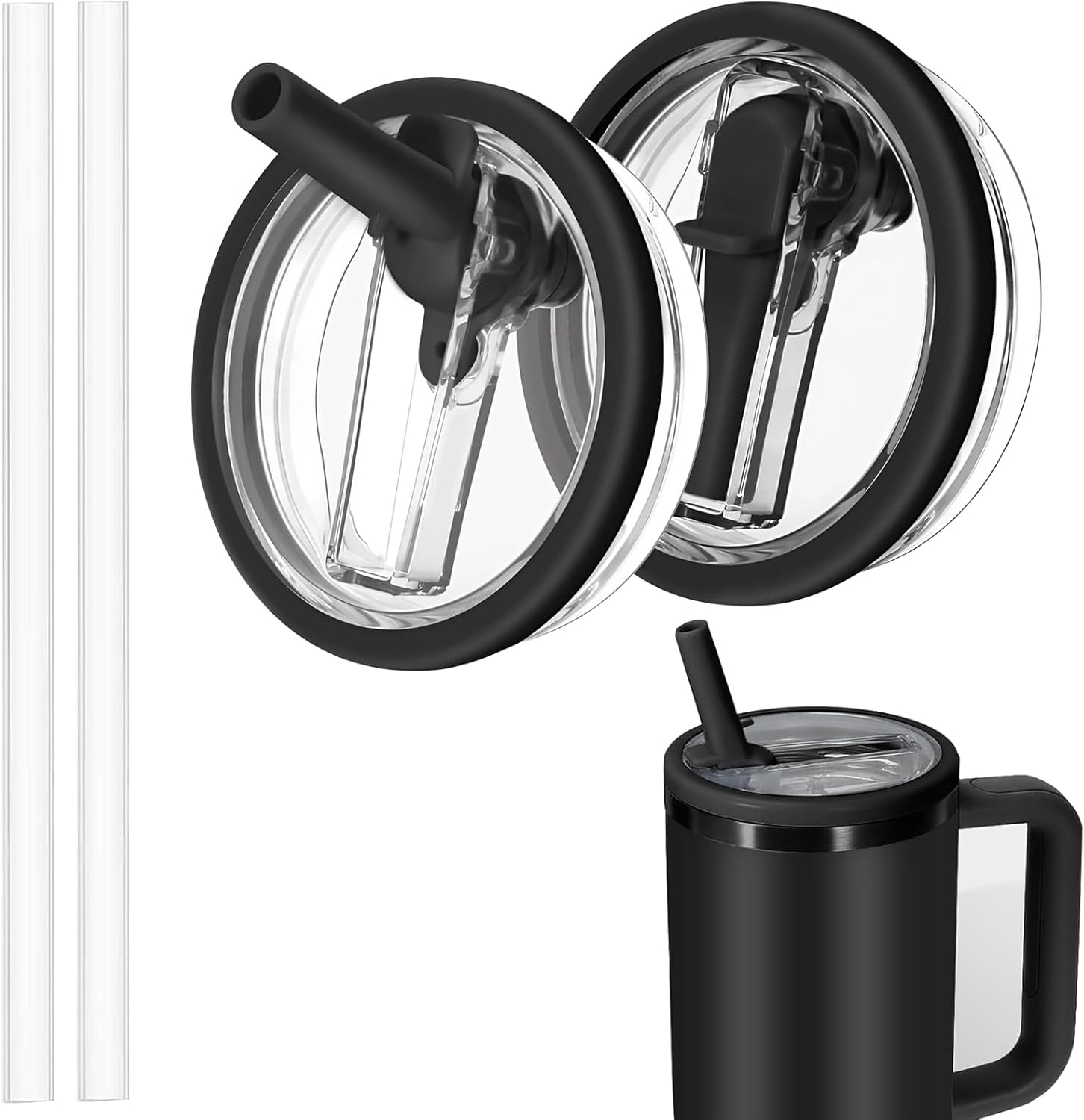 40 Oz Tumbler Flip Straw Lid Replacement Fit for Stanley Quencher,Spill Proof Splash Resistant Tumbler Lids,Reusable Tumbler Cover for Stanley Cup Accessories,Pack of 2,Black