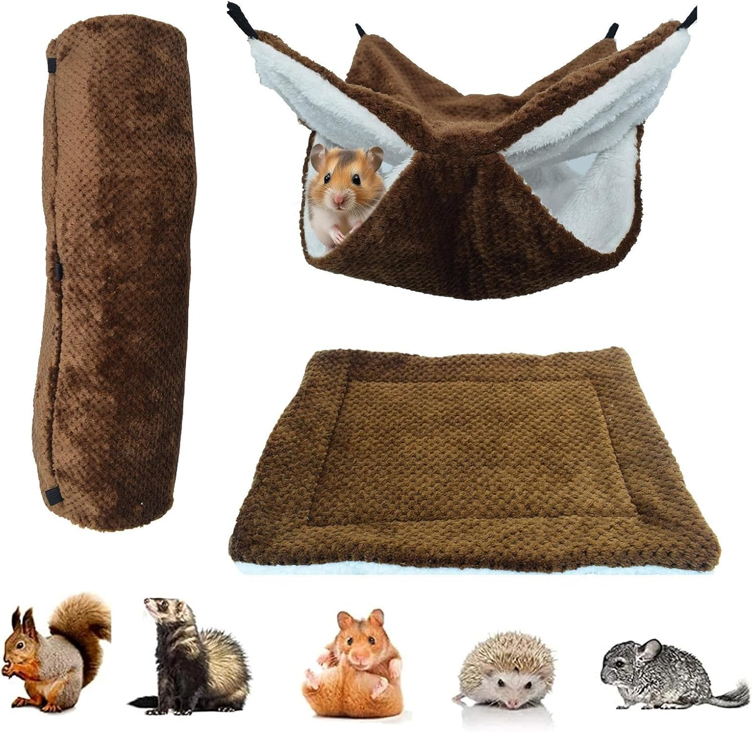 Small Pet Cage Accessory Set - Hammock, Tunnel, Mat, Hanging Guinea Pig Bed, Small Animals Tunnel Toy, for Sugar Glider Ferret Cage Sleeping Resting Hiding Playing Climbing Winter
