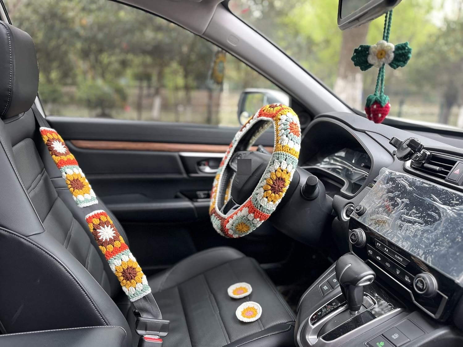 Steering Wheel Cover,Handmade Crochet Rainbow Sunflower Granny Square Steering Wheel Covers (Wheel Covers+2Belt Covers+2Car Coasters+Strawberry)