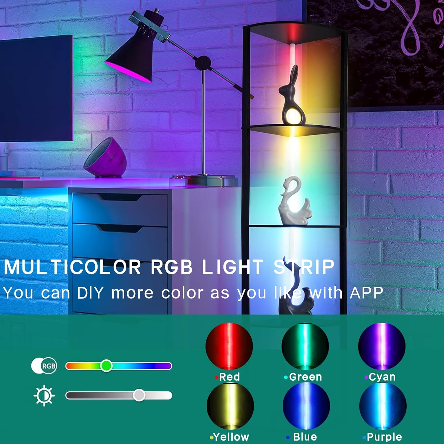 5 Tiers Corner Shelf with Light, 162Cm LED Corner Bookshellf Standing Floor Lamp via App and Remote Control, Corner Display Cabinet for Living Room Bedroom Home image number 1