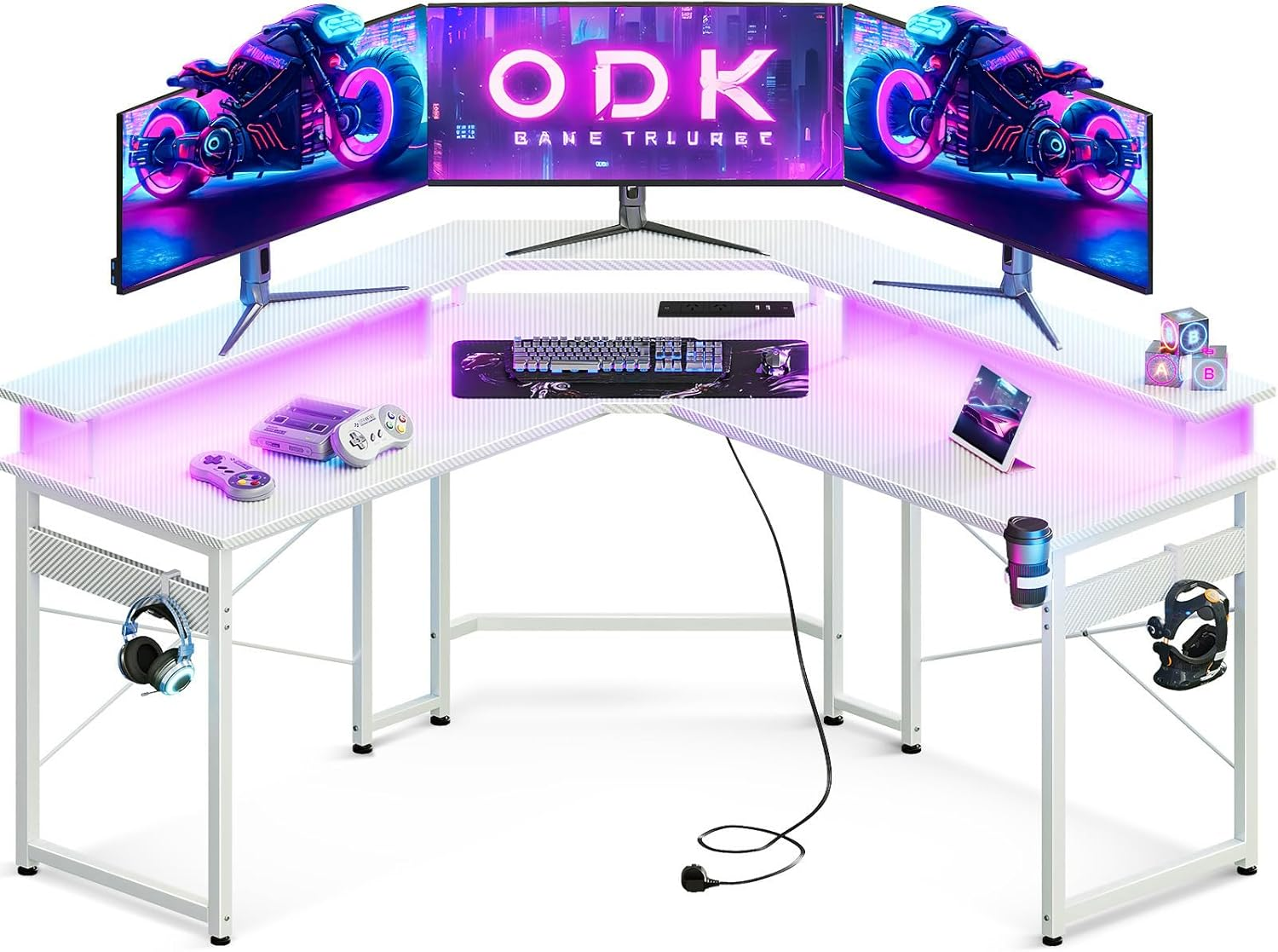 ODK L Shaped Computer Desk, Gaming Desk LED Light Strip and 2 USB 3 Charging Port, Gaming Table with Monitor Surface, Gaming Desks Workstations, Black