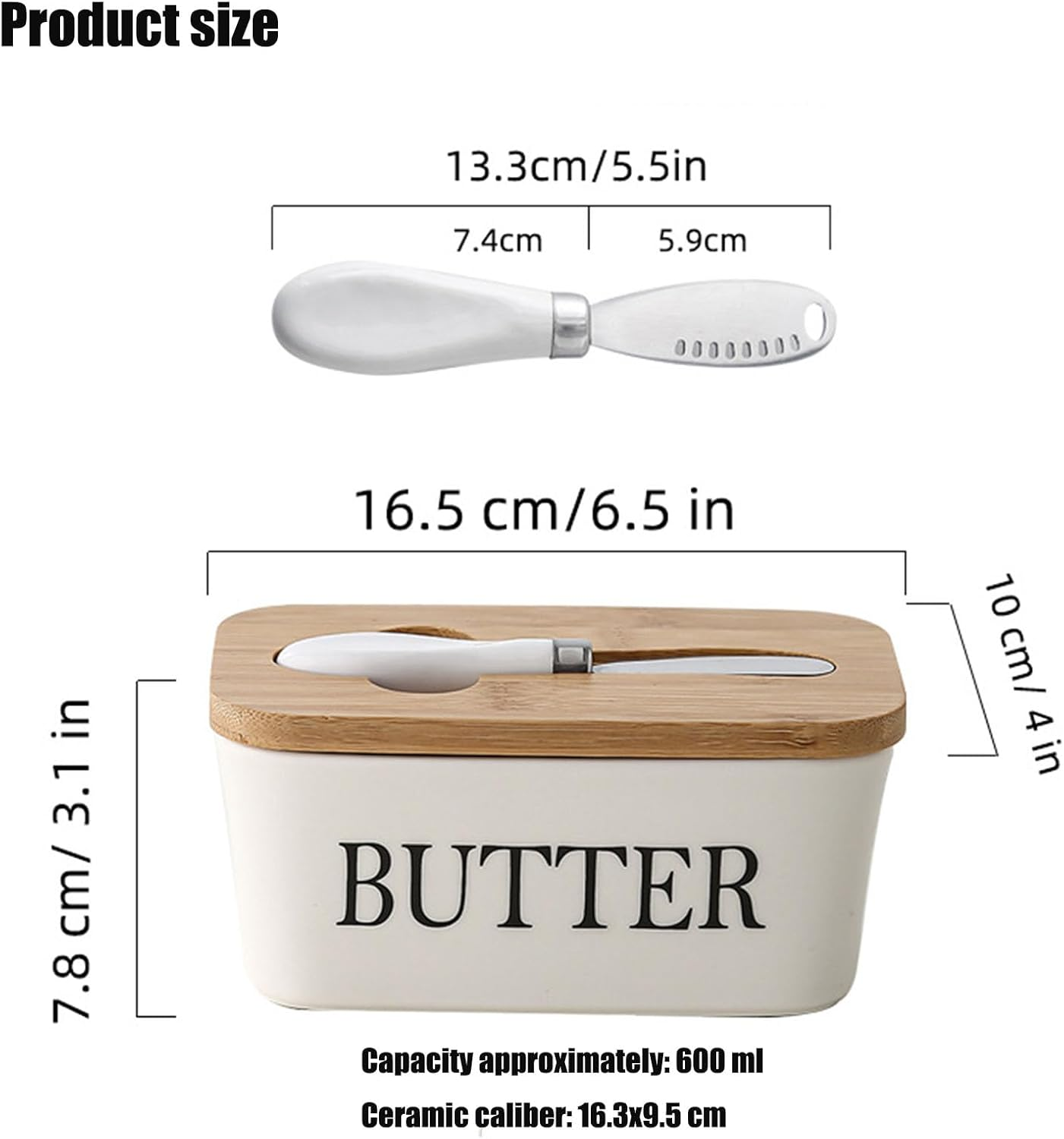 Xutong Butter Dish with Lid, Stainless Steel Butter Knife, Ceramic, Bamboo Lid, White image number 6