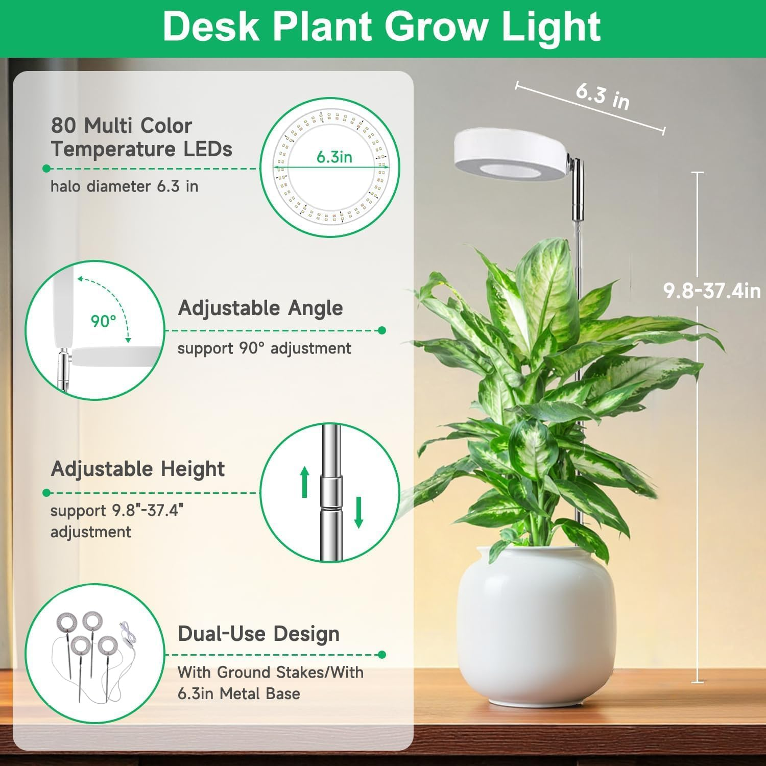 Vervex 4 Head Grow Light for Indoor Plants, 7.9" Full Spectrum LED Plant Grow Light, Height Adjustable Growing Lamp with Auto Timer 3H/9H/12H, 10 Dimmable Levels, Ideal for Indoor Large Tall Plants image number 1