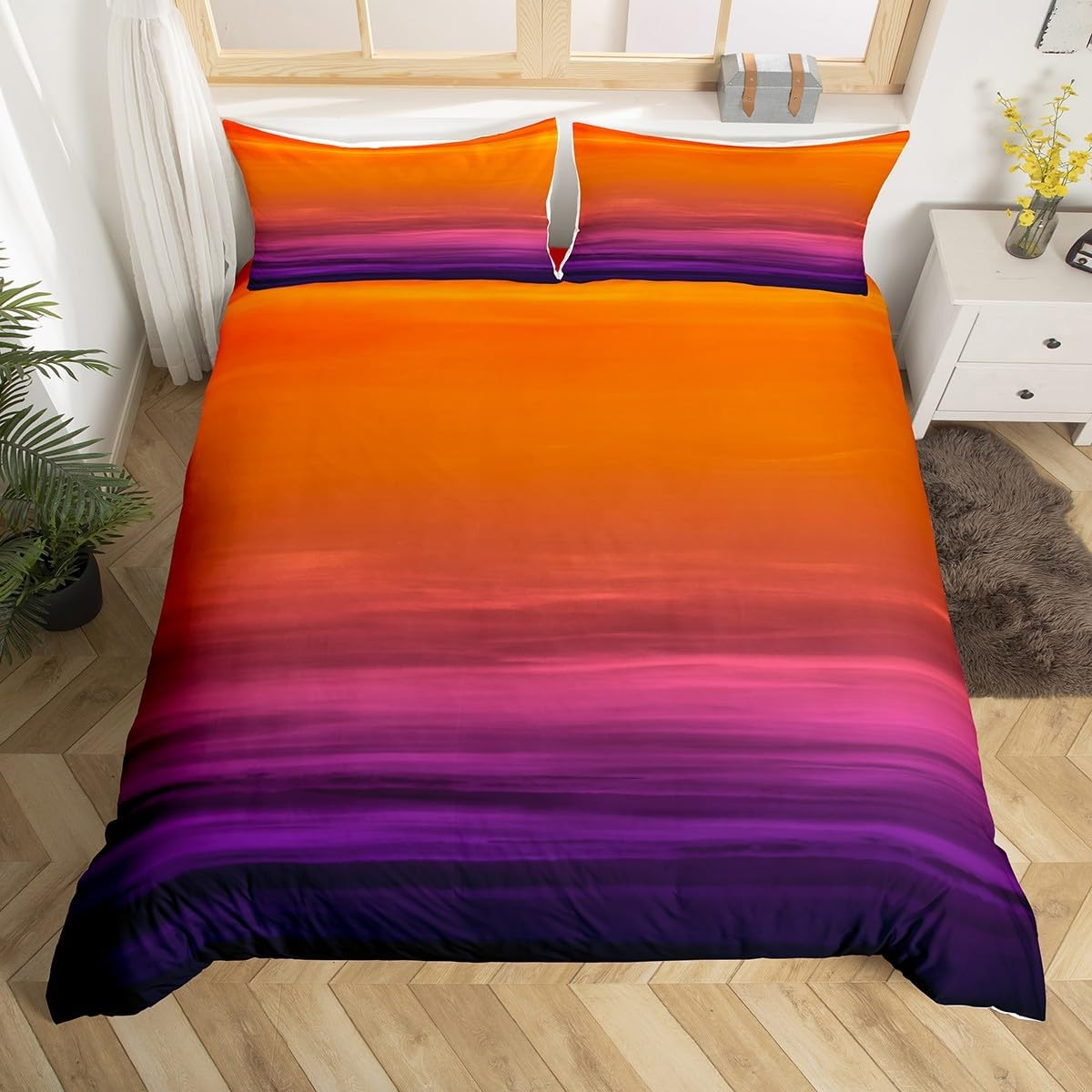 Red Print Comforter Cover Sunset Color Bedding Set Red Tropical Exotic Stripe Duvet Cover for Children Kids Boys Girls Microfiber Modern Design Bedspread Cover Room Decor Bedclothes Queen Size