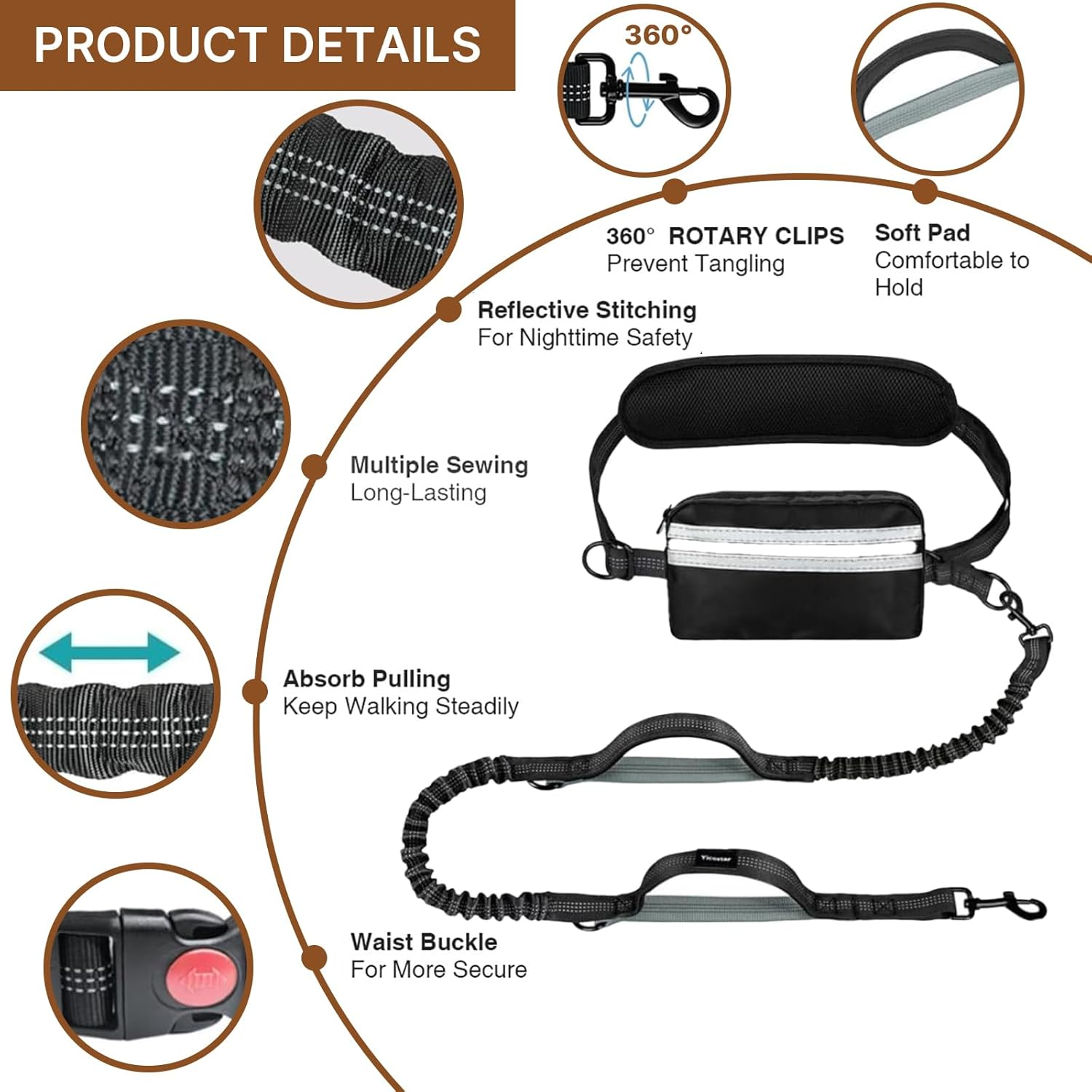 VCCLFSIA Hands Free Dog Leash with Zipper Pouch, Dog Running Leash with Adjustable Waist Belt, Double Padded Handles, Safety Harness Buckle, Reflective Retractable Bungee for Medium & Large Dogs image number 1