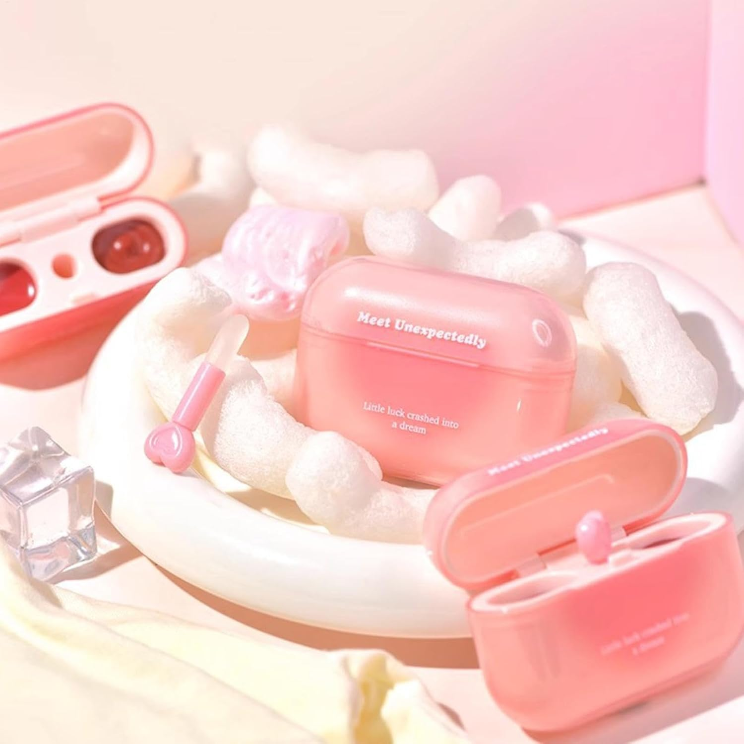 Girls Lip Gloss - Double Lip Gloss Tint - Earbuds Case Formed Lip Gloss Tint, Lipstick Balm with Heart-Shaped Applicator Long Lasting for Lip Care