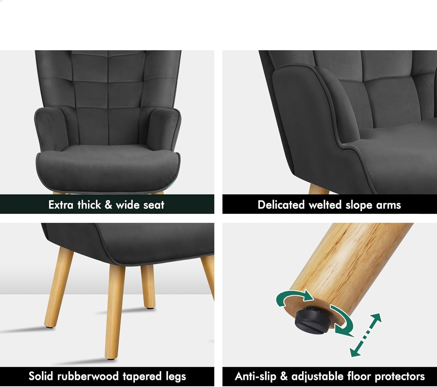 ALFORDSON Velvet Armchair Nursing Chair with Ottoman Footstool Bozena Series, Leisure Occasional Lounge Sofa Wooden Legs, Accent Chair for Reading Dressing Bedroom Living Room, 180Kg Max, Dark Grey image number 2