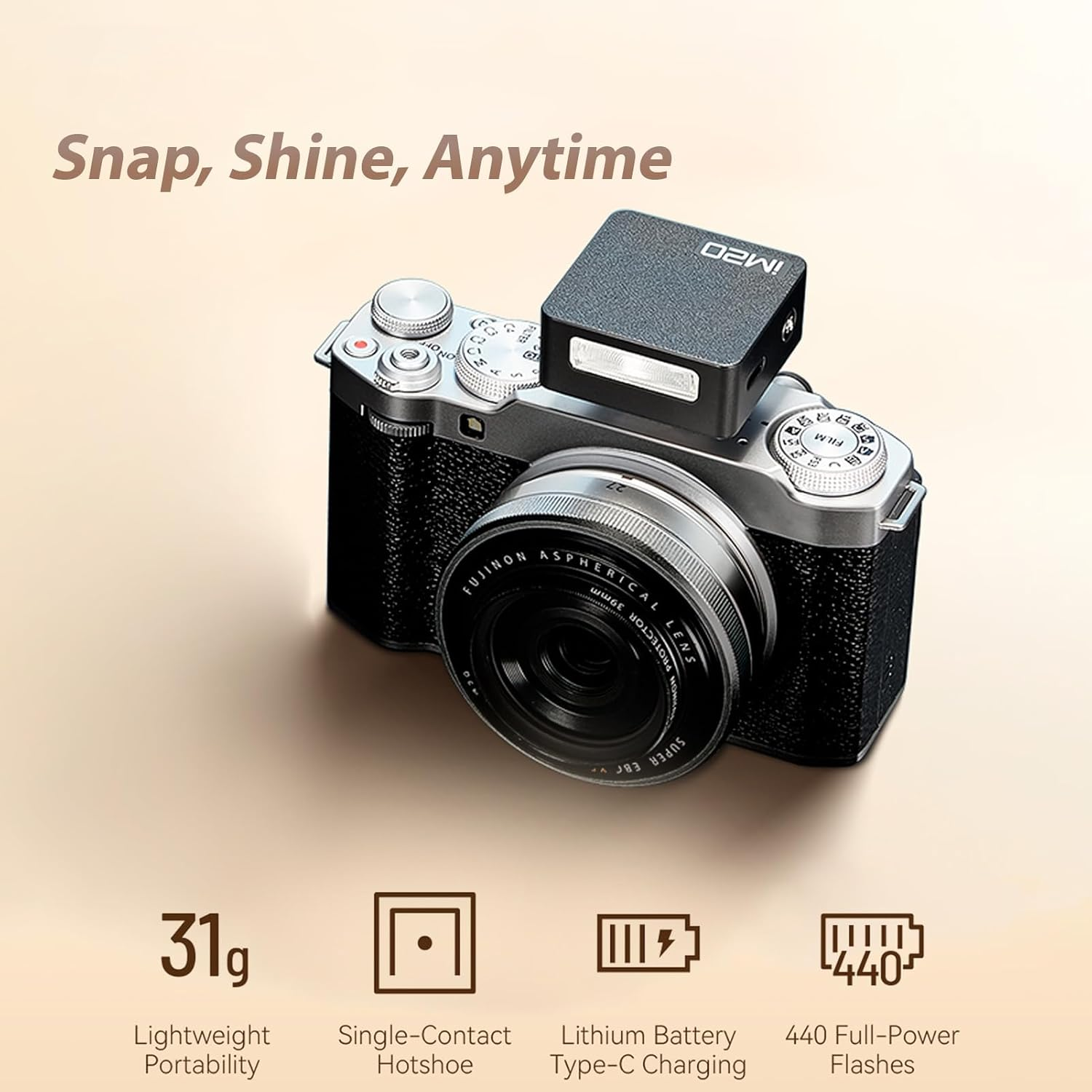 Godox Im20 Mini Camera Flash 5 Power Levels 3S Recharge Time Camera Speedlite 440 Flashes with Full Power One-Contact Design Built-In Battery for Canon, Nikon and Sony Mirrorless Cameras image number 5