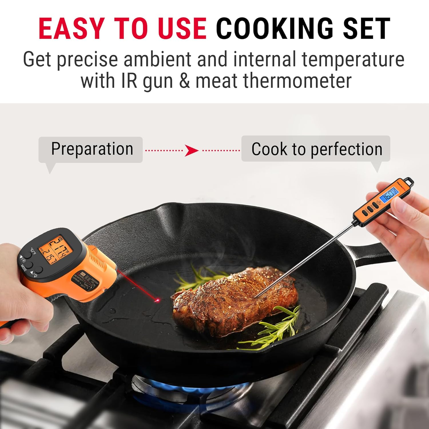 Thermopro Temperature Gun, Infrared Thermometer Gun with Laser Pointer, Meat Thermometer Digital with Super Long Probe, Food Thermometer for Cooking, Laser Thermometer Gun -58℉-1022℉ Not for Human