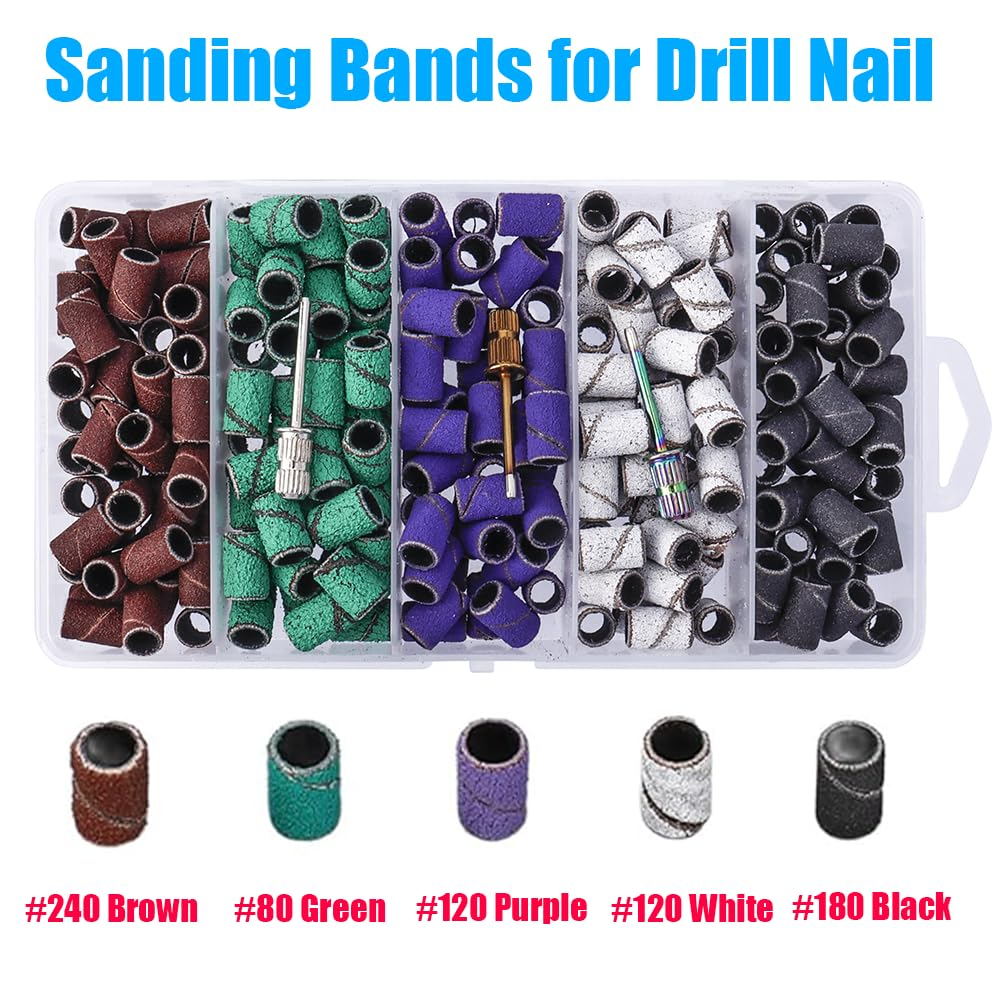 Yakamoz 250Pcs Sanding Bands for Drill Nail, 5 Colors Sanding Bands #80#120#180#240 with 3 Mandrel Bits for Acrylic Nails Manicures Pedicures image number 1