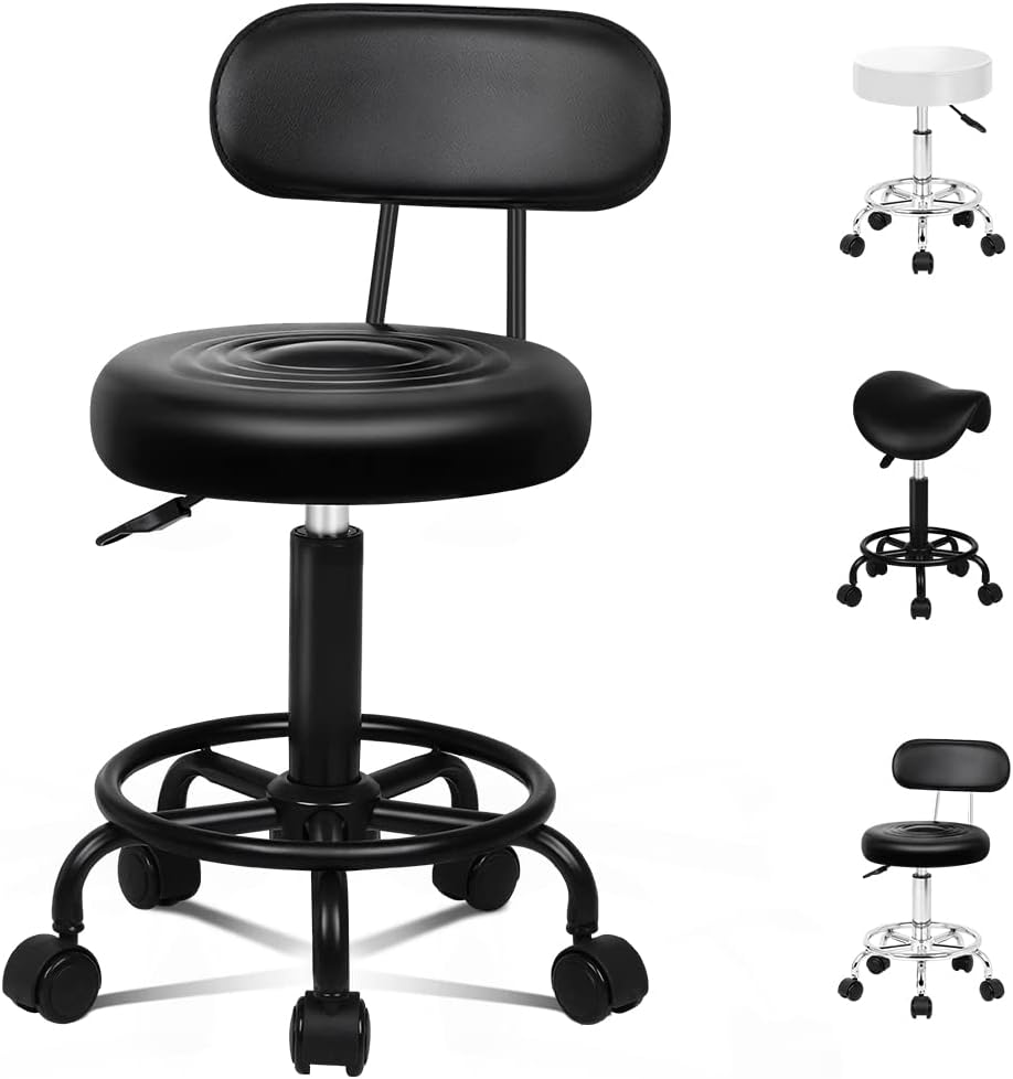 ALFORDSON Salon Stool round Swivel Drafting Rolling Stools in 47.5-62Cm Height Adjustable PU Leather Spa Stool with Footrest Wheels Backrest Hair Dress Barber Chair for SPA Massage (Declan All Black)