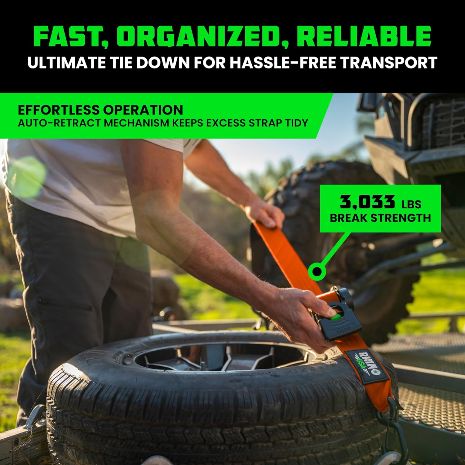 Rhino USA Retractable Ratchet Tie down Straps (Pack of 2) - 3000Lb Break Resistance Including (2) 2" X 10Ft Self Retracting Tie down Straps - Orange image number 5