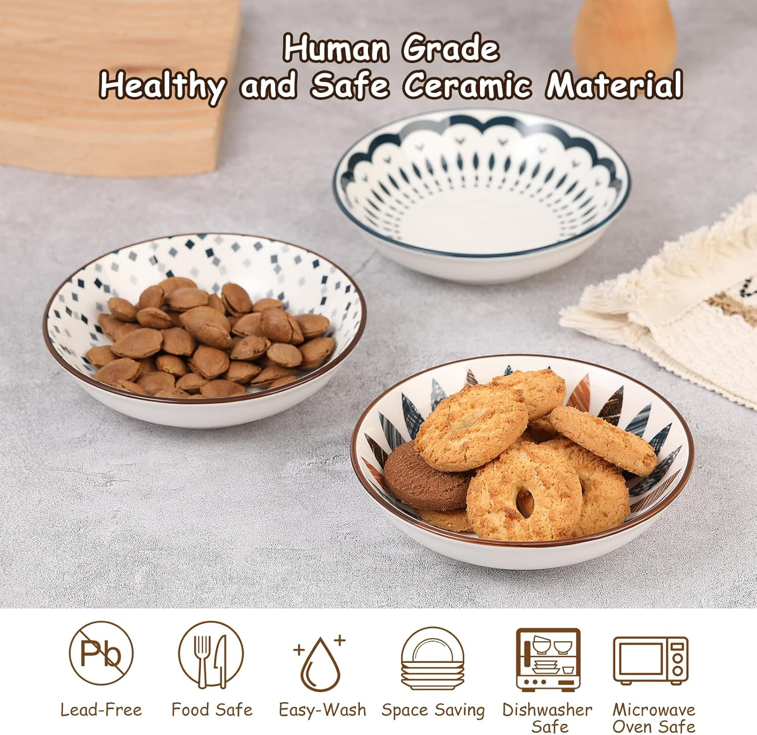 Small Ceramic Cat Food Bowl - Wide Shallow Cat Bowl with Non-Slip Mat - Whisker Friendly Cat Feeding Bowls - Japanese Style Cute Cat Dish - Cat Plates - Dishwasher Safe - Set of 6-8.5 Oz - 5.75 Inch