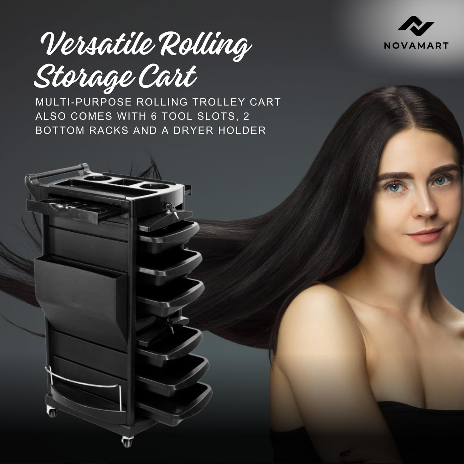 NOVAMART Hairdressing Trolley with 6 Lockable Trays & 2 Tray Holders &ndash; Salon Rolling Cart with Ample Storage, Easy Assembly & Multi-Compartment Design for Barber, Spa & Beauty Accessories image number 5