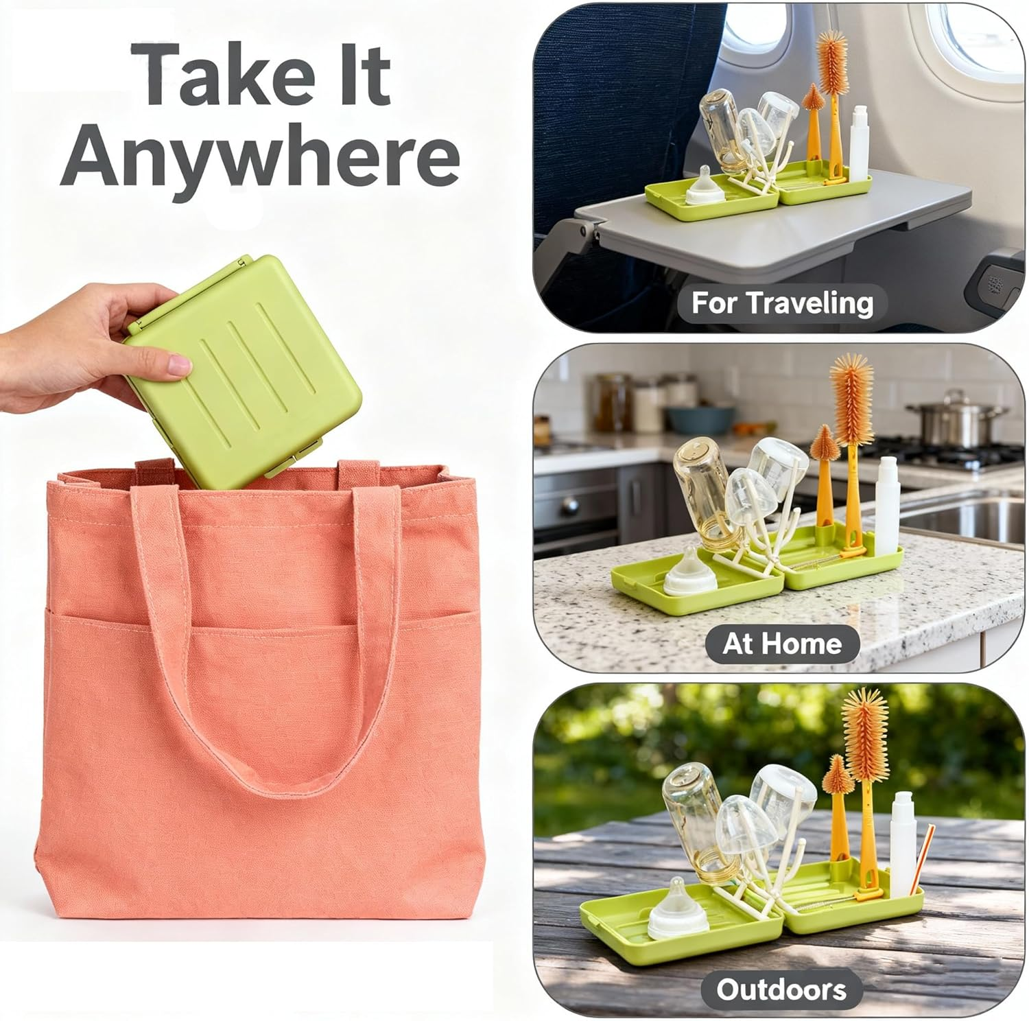 Zoltrax Bottle Brush Set,Baby Bottle Cleaner Kit,Nipple Brush, Straw Brush, Soap Dispenser, Drying Rack and Travel Storage Case,6 in 1 Bottle Cleaning Baby Essential Tool for Home and Travel (Green) - Green image number 2