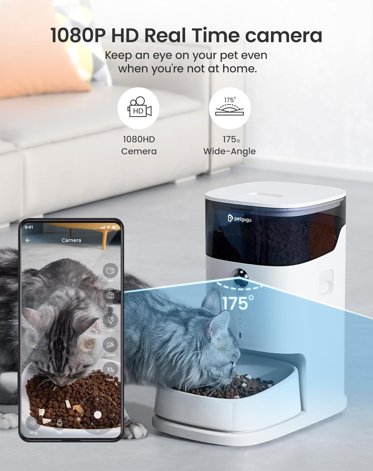 PETGUGU Smart Automatic Cat Feeder, 3.5 Liter Automatic Dog Feeder with Video and Voice Call, Ceramic Bowl, Customized Timed Feeding, Easy Removal for Cleaning (PF2) image number 3