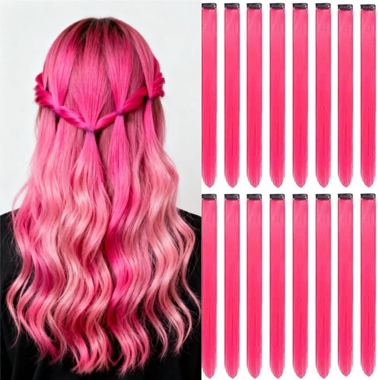 Abeillo 22 Inch Colored Hair Extensions Straight Hairpiece, Colorful Party Highlights Clip in Long Synthetic Hair Extensions，Made of High-Quality Materials for Women Girls Favor Gift(16 PCS Hot Pink) image number 1