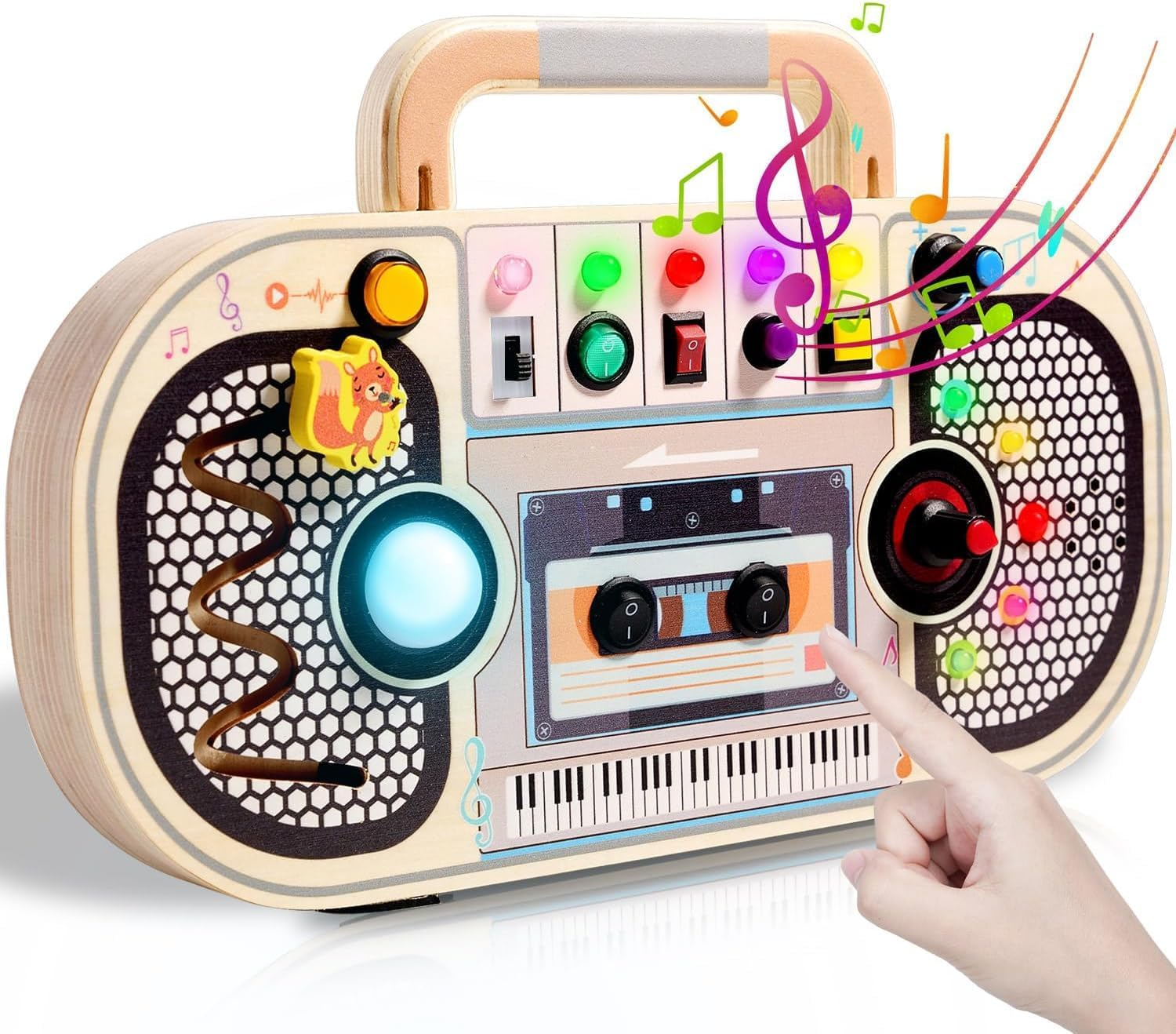 Uandhome Montessori Busy Board Toys for 3 Year Old,Wooden Sensory Sensory Toy with Musical LED Lights Switches Motor Skills Developmental Early Educational Travel Baby Toddler Birthday Gifts