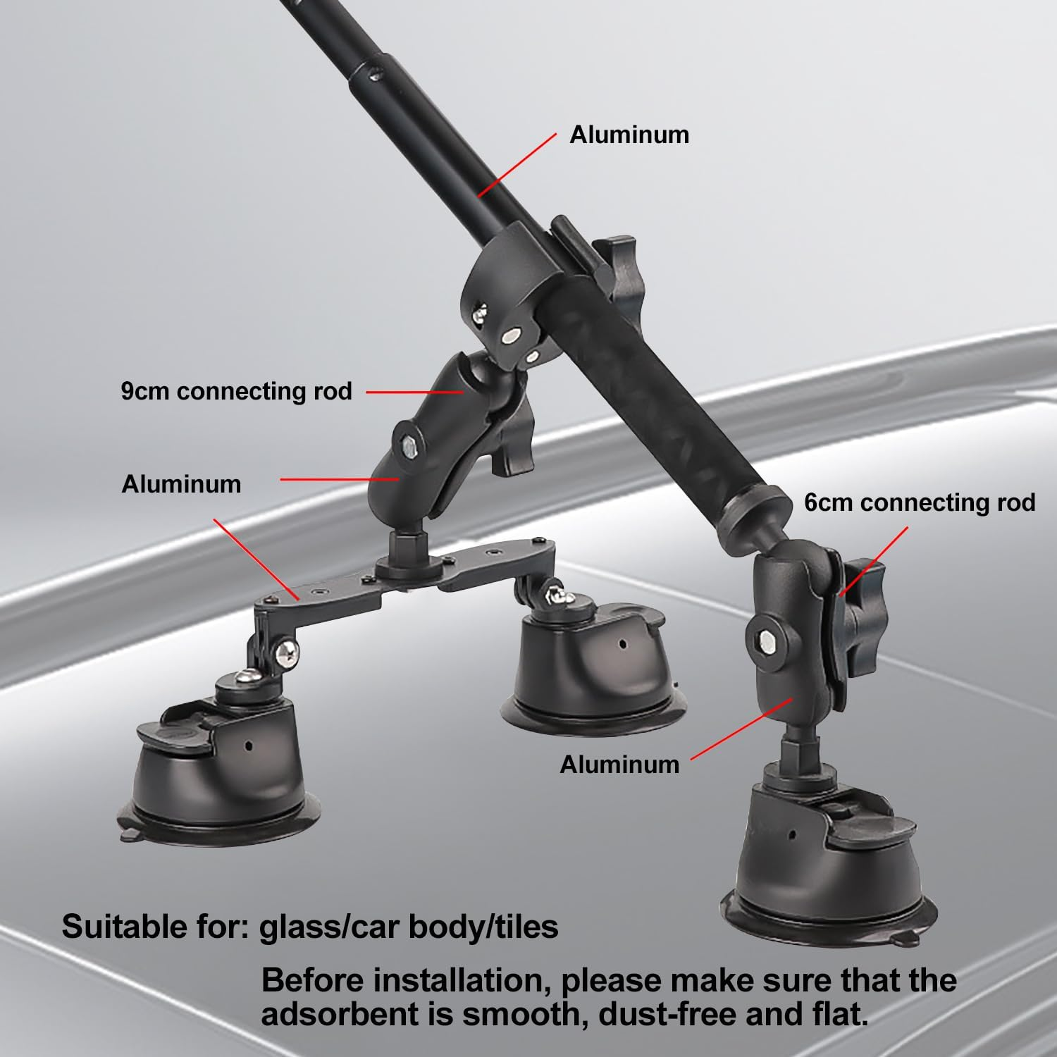 HOOMFIT Triple Suction Cup Car Mount Kit for Insta360 X4/X3 with Telescopic Pole, Can Be Mounted on the Car Window or Windshield, Compatible with Sports Camera Panoramic Shooting. image number 4