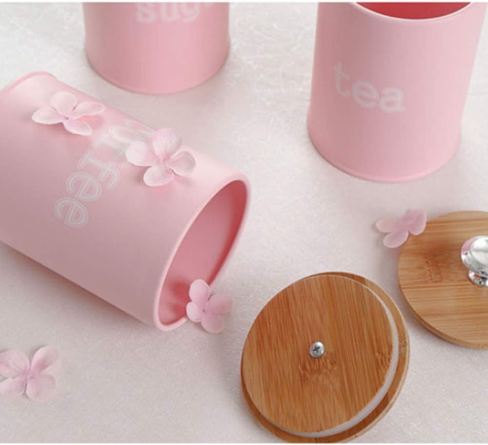 Set of Food Storage Canister with Wooden Lid - Metal Food Storage Canister, Food Storage Jar for Coffee, Sugar, Tea, Spice and Pink image number 4