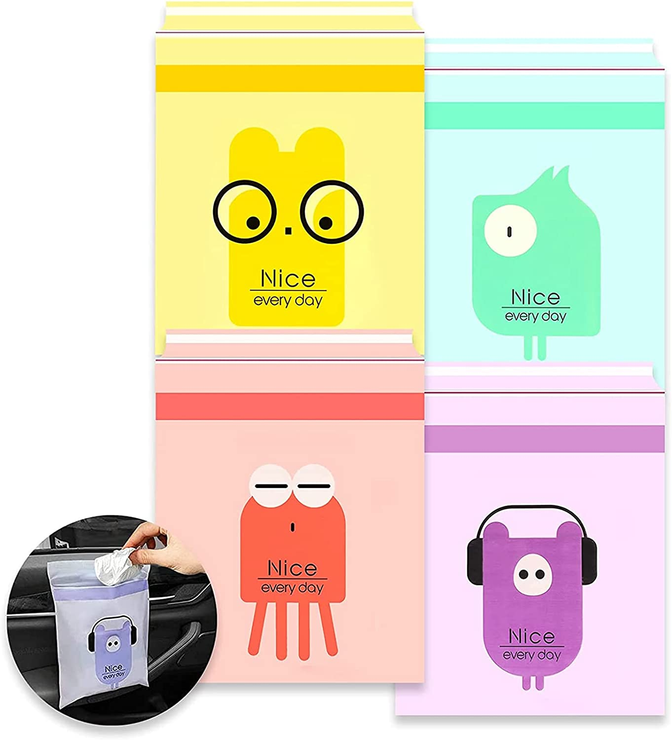 VIYNRAN Car Garbage Bags, 60 PCS Mix Color Easy Stick-On Disposable Auto Trash Bags Paste Type with No Trace Strong Sticky Strip Portable Hanging Rubbish Bag,Storage Bag for Home,Kitchen, Office image number 2