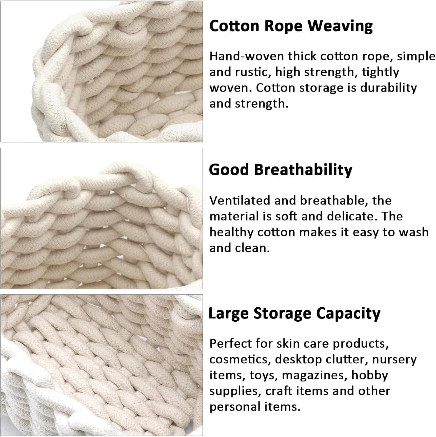 Set of 2 Braided Cotton Knitting Baskets, Small Square White Storage Baskets for Bathroom, Make-Up, Toys, Socks image number 5