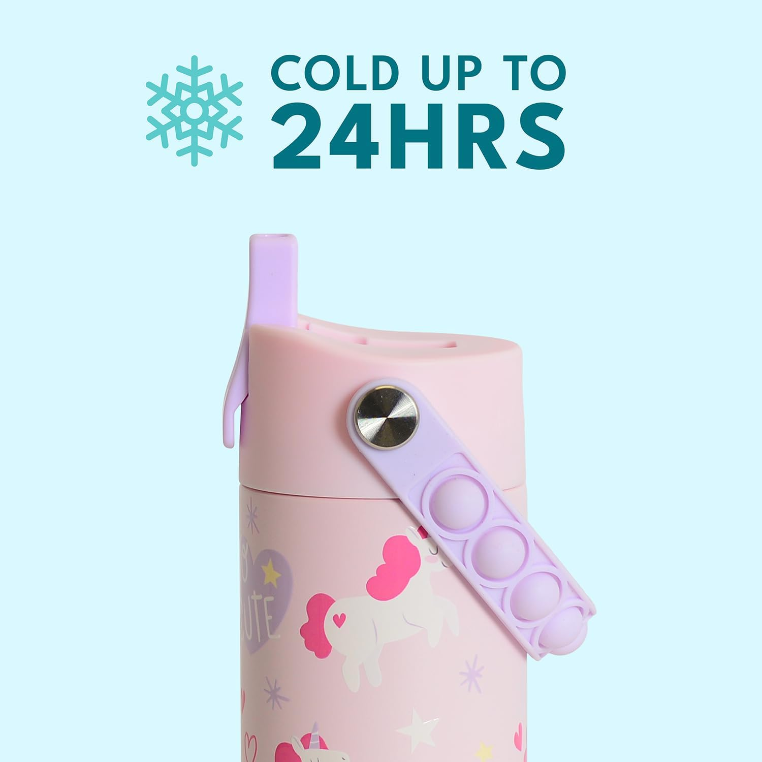 Elemental Insulated Kids Water Bottle, Stainless Steel Bottle with Straw Lid & Stress Reliever Pop-It Handle, Leak-Proof Bottle for School, Travel & Sports, 530Ml Unicorn Magic - Orange Tie Dye image number 3