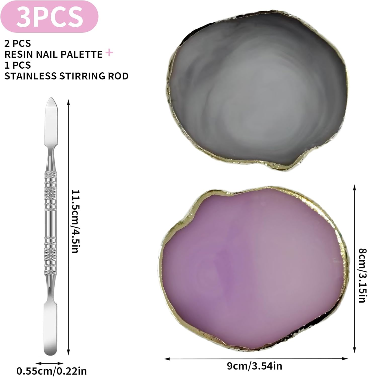 Tavvke 2 Pcs Resin Nail Palette with Stainless Steel Stirring Rod, Nail Art Display Board, Gold-Edged Mixing Board for Polish, Gel, and Makeup (Gray and Purple) image number 1