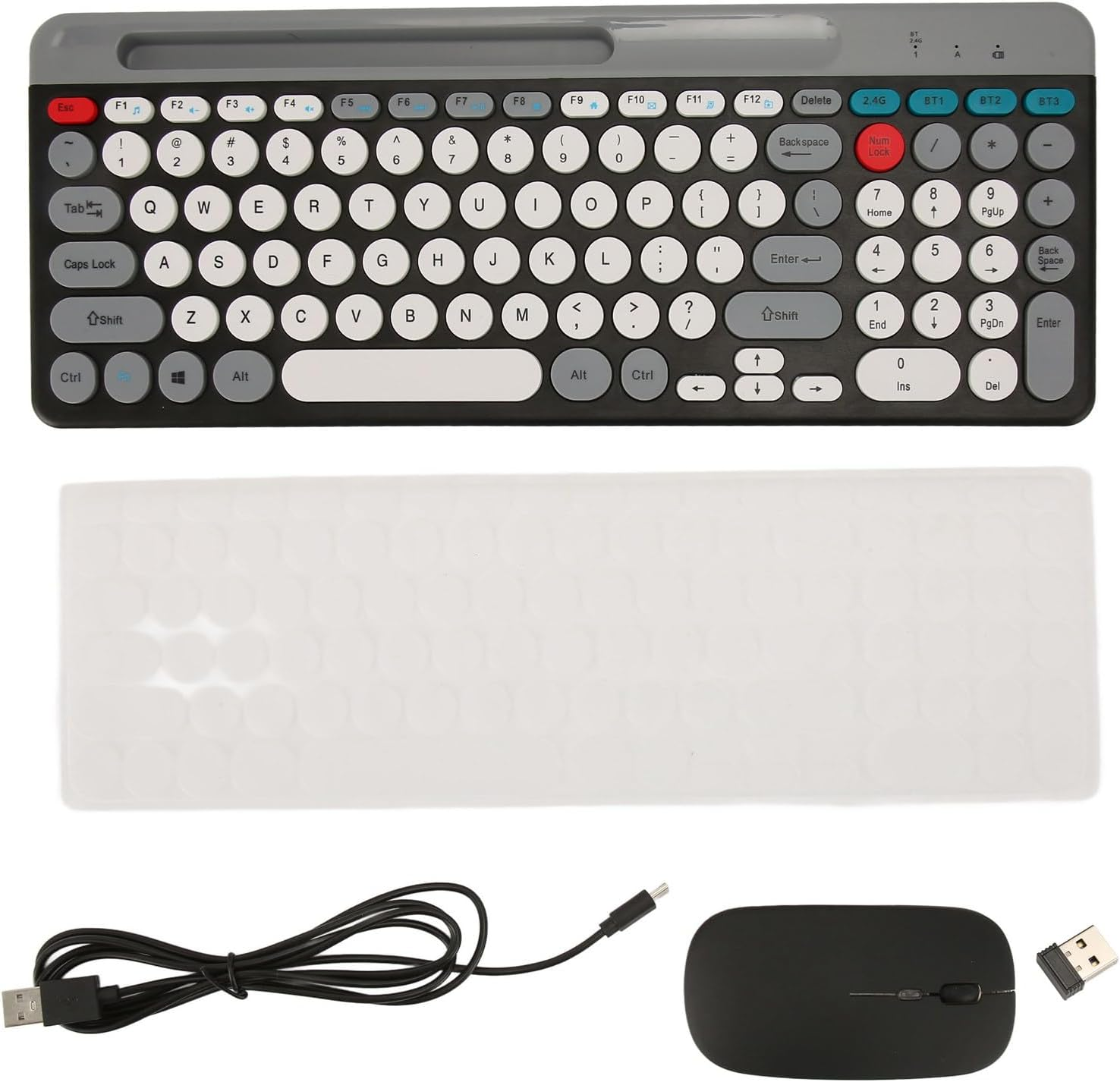 Wireless Keyboard and Mouse Combo, 2.4G Bluetooth Double Mode Retro Style Keyboard with Waterproof Silicone Dust Mat, 400Mah Ergonomic Mouse, for Computer, Laptop (Black) image number 2