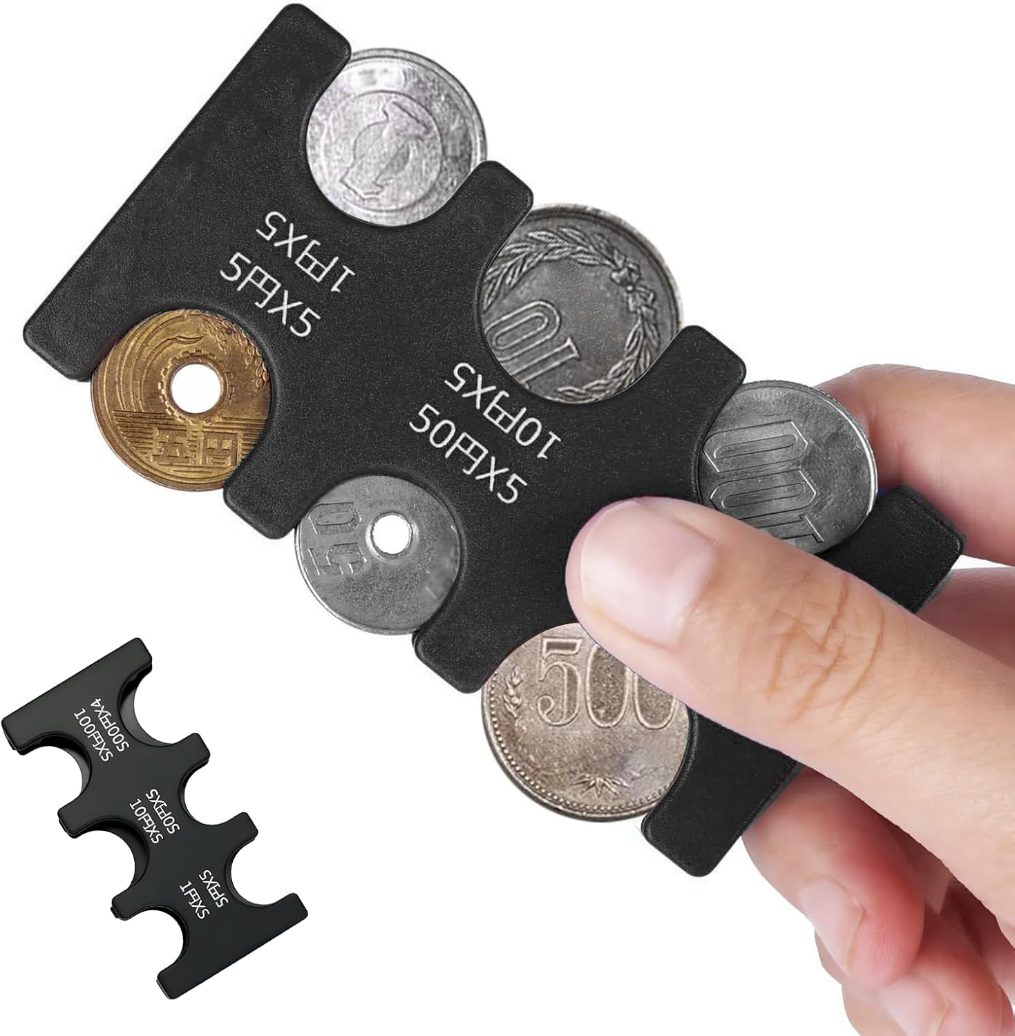 4 Pcs Japanese Yen Coin Holder, Hard Case Organizer with 6 Individual Slots, Portable JPY Coin Storage and Dispenser for Travel Shopping, Holds 1/5/10/50/100/500 Yen Coins (Black, Red, White, Clear)