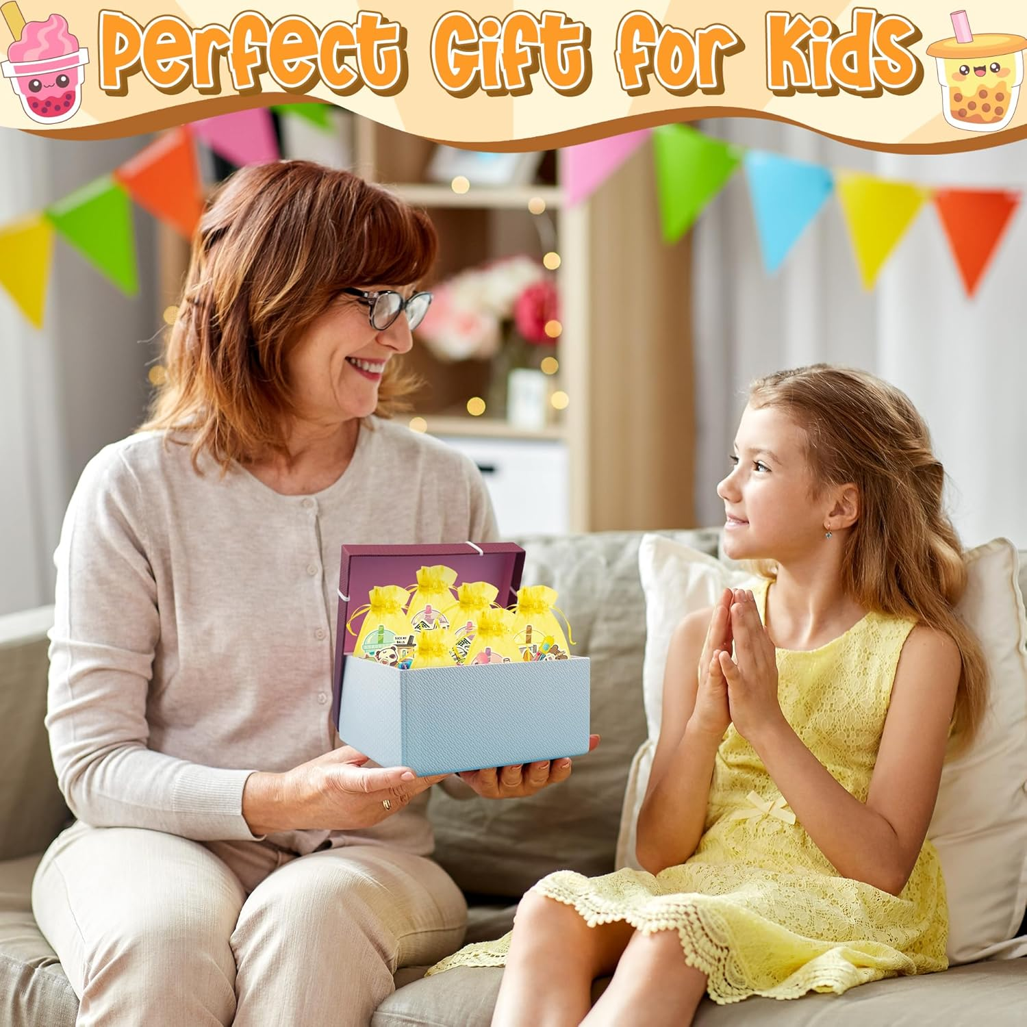 CY2SIDE Bubble Tea Stationery Party Gift - 24 Pack Boba Milk Tea Prizes Set Include 4-In-1 Ballpoint Pens Sticky Note Sticker and Organza, Birthday Party Favor Goodie Bag Fillers for School Rewards image number 4