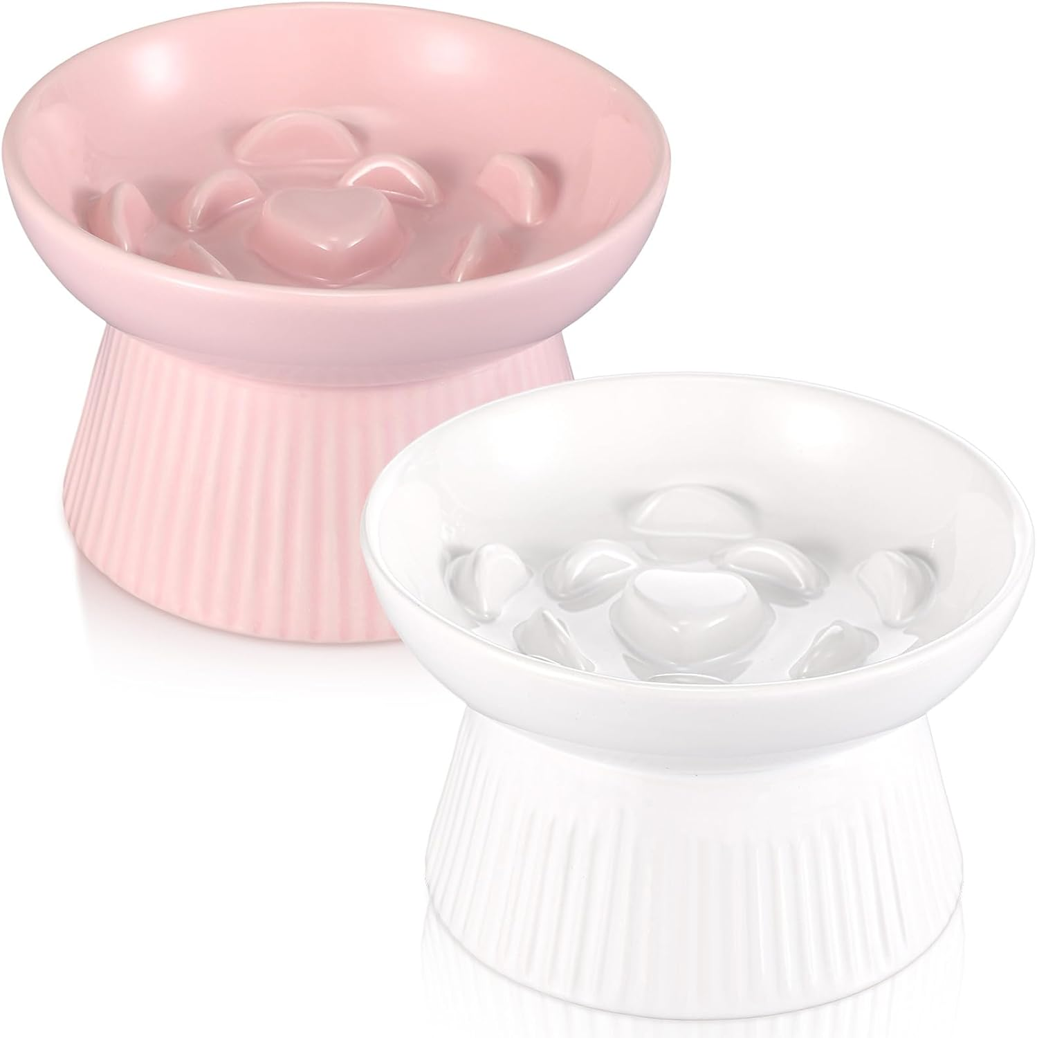 Layhit 2 Pack Raised Slow Feeder Cat Bowls Ceramic Elevated Cat Food Bowls anti Vomiting Slow Feeder for Dog and Kitten for Dry and Wet Food(Green, Pink)