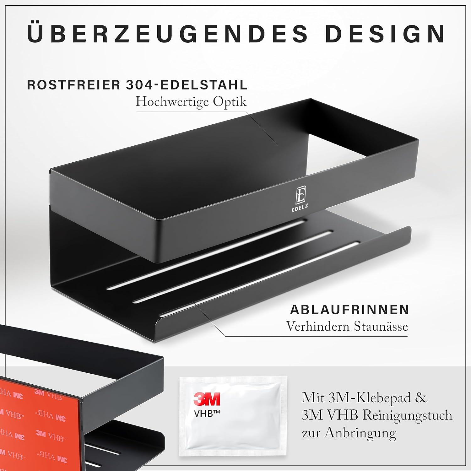 EDELZ&reg; Bathroom Shower Caddy Shower Basket No Drilling - Shampoo Holder for Shower for Gluing Made of Stainless Steel with Original 3M Adhesive Pads, 2 Movable Hooks, Extra Razor Holder (Stainless Steel Black) image number 2