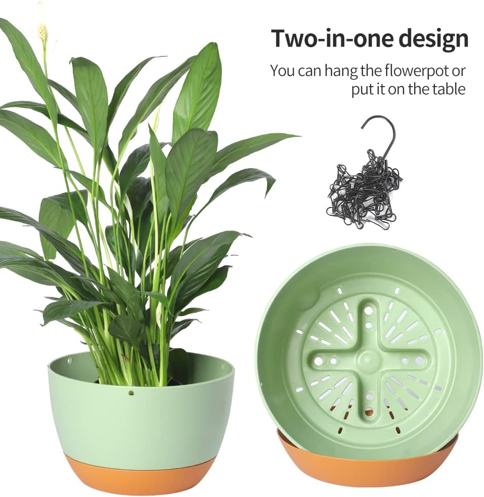 2 Pack Plastic Hanging Planters Set,8.3 Inch Hanging Flower Plant Pot with Drainage Hole for Indoor Outdoor Plants, round Hanging Basket with Removable Tray for Home Garden Porch Balcony Patio Decor - 10 Inch+10 Inch White image number 5