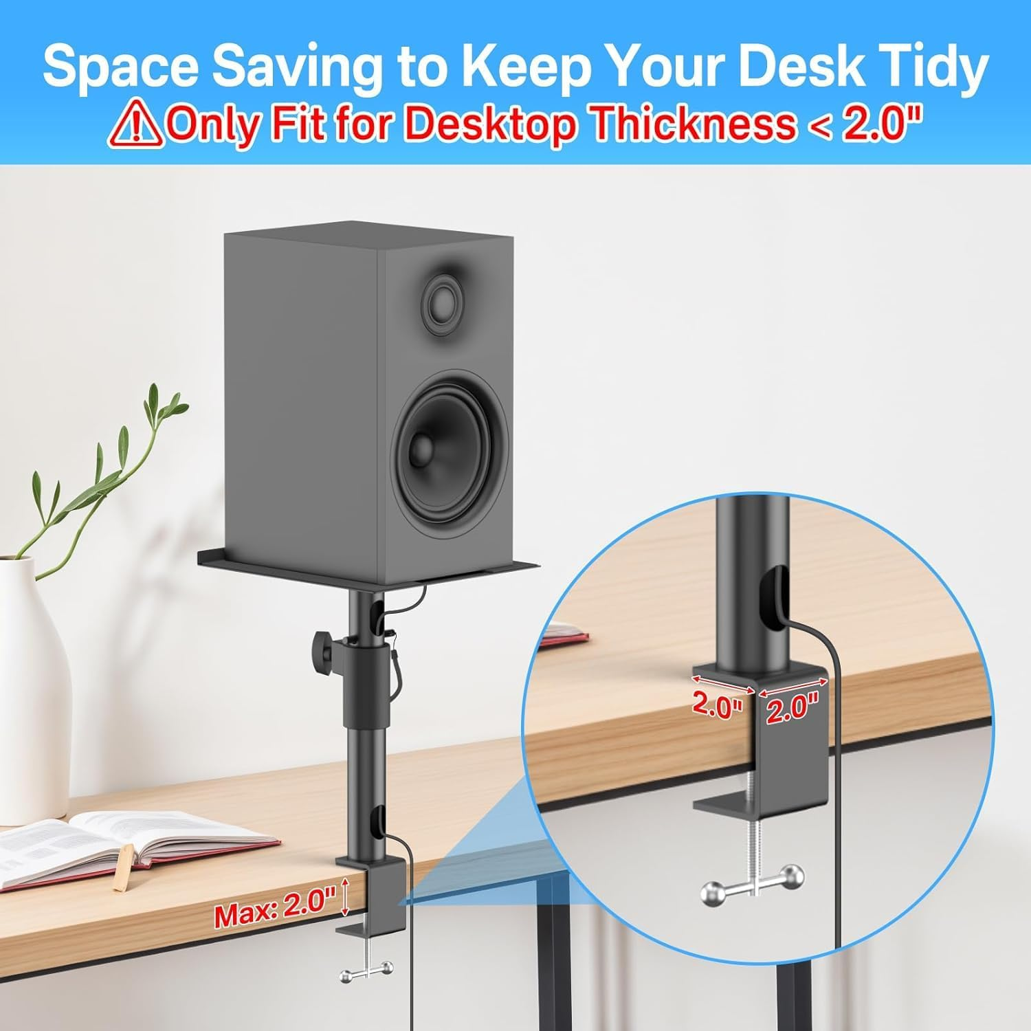 Desktop Speaker Stands, One Pair, for Studio Monitor Speaker Stands, Adjustable Height, 30 Lbs, 10 Degrees Tilt, Desk Clamp Stand (Black) image number 1