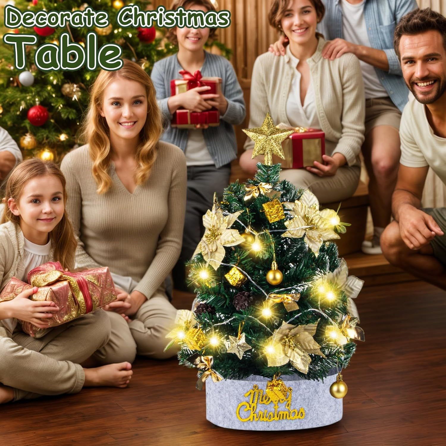 Ninonly 60CM Mini Christmas Tree with 20 LED Lights, Artificial Small Tabletop Flocked Christmas Tree with Star Tree Topper, Flower, Gift Box, Ball, Xmas Tree Decorations for Christmas Decor image number 3